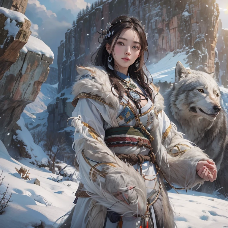 Hiding in the snowy mountains、Hair flow、 ((highest quality、masterpiece、8k、Best image quality、Ultra-high resolution、Award-winning works)、(Accurate anatomy:1.1)、(Look at me and smile:1.1)、Shining fair skin with Ultra-high resolution、The most detailed face、Ultra-high resolution detailed face、Ultra-high resolutionの髪の毛、(Ultra-high resolutionの煌めく瞳:1.1)、Beautiful face drawn in every detail、(Blurred Background:1.1)、Ancient Inuit clothing, Chest to chest, tattoo, Old ruins in the background、Besides real wolves