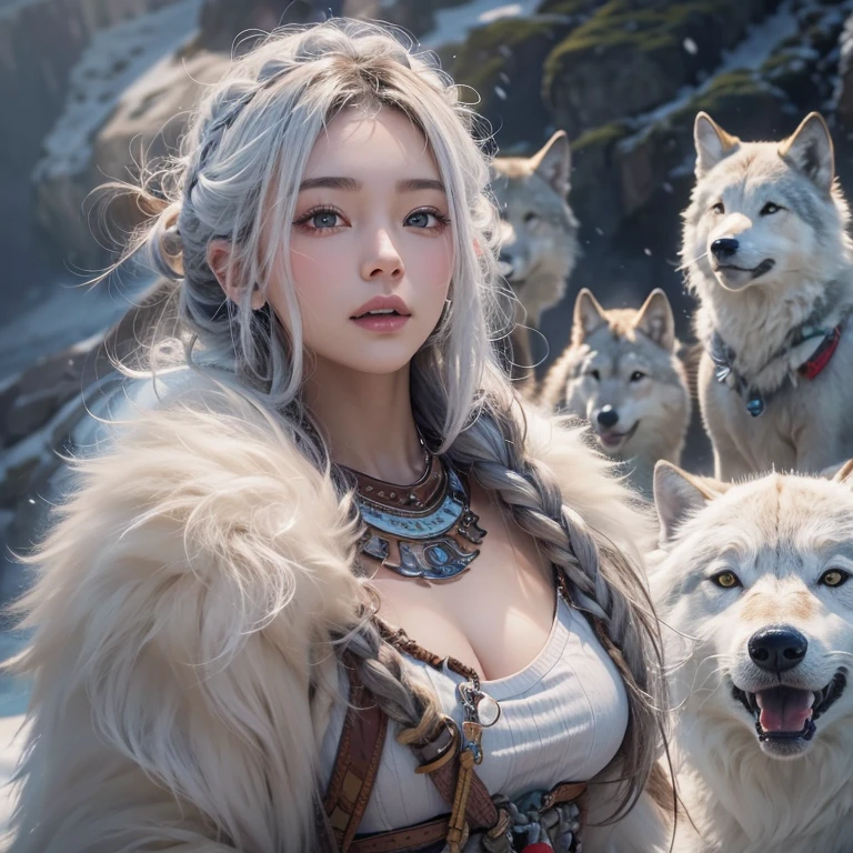 Hiding in the snowy mountains、Hair flow、 ((highest quality、masterpiece、8k、Best image quality、Ultra-high resolution、Award-winning works)、(Accurate anatomy:1.1)、(Look at me and smile:1.1)、Shining fair skin with Ultra-high resolution、The most detailed face、Ultra-high resolution detailed face、Ultra-high resolutionの髪の毛、(Ultra-high resolutionの煌めく瞳:1.1)、Beautiful face drawn in every detail、(Blurred Background:1.1)、Ancient Inuit clothing, Chest to chest, tattoo, Old ruins in the background、Besides real wolves