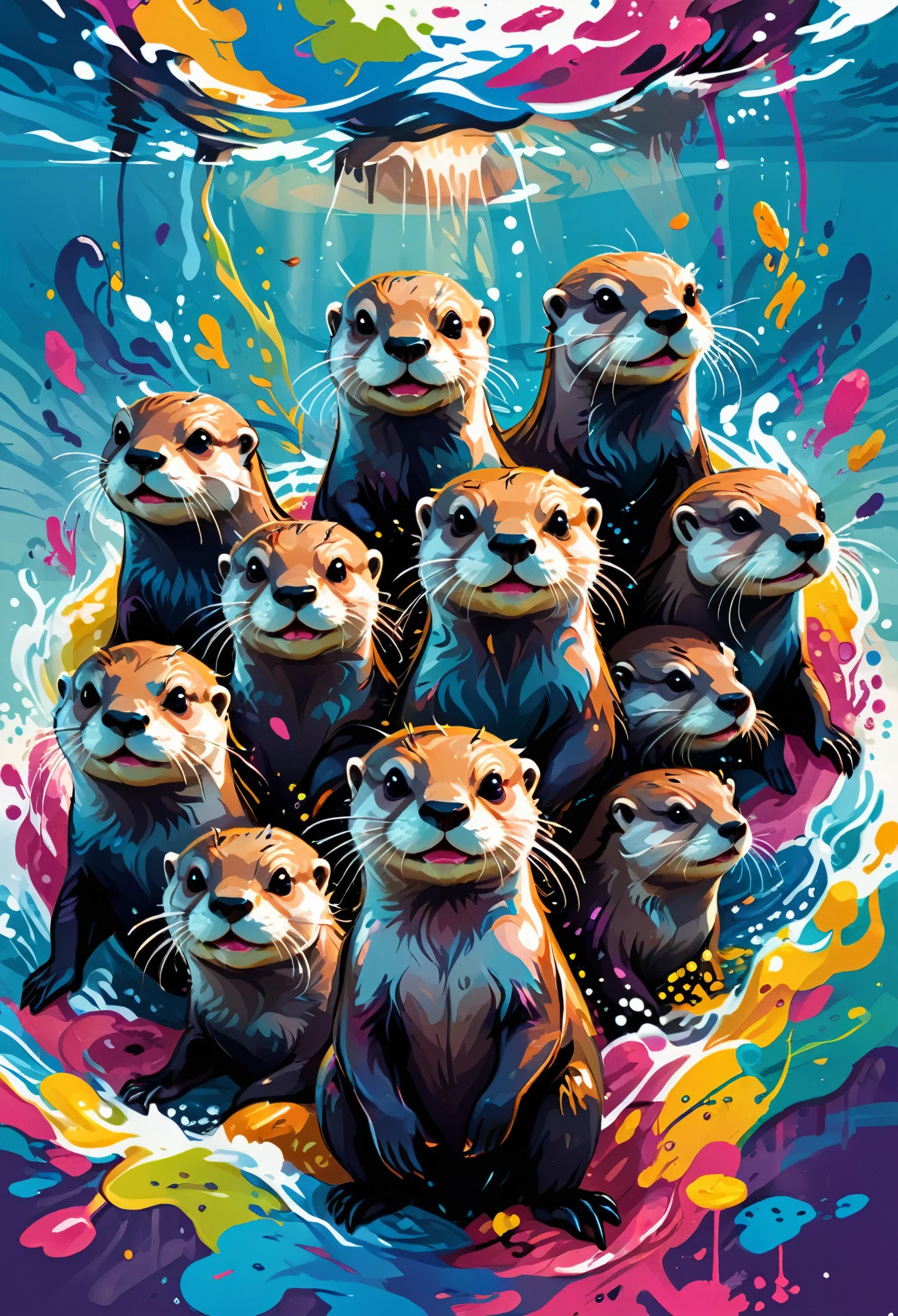 Vector Art, Colorful illustration with lots of otters, In the center, Vibrant colors, Paint splatters and stains, High Detail,Hawaii Background
(masterpiece, best quality, professional, perfect composition, very aesthetic, absurd, Super detailed, Intricate details:1.3)