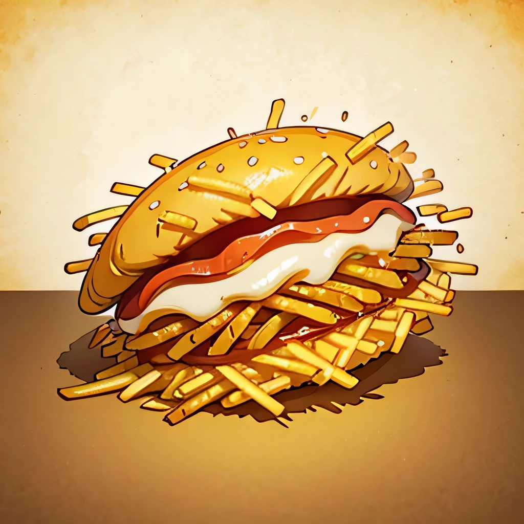 overload french fries inside the mouth, 2d, illustration, yellow-brown tone, basic