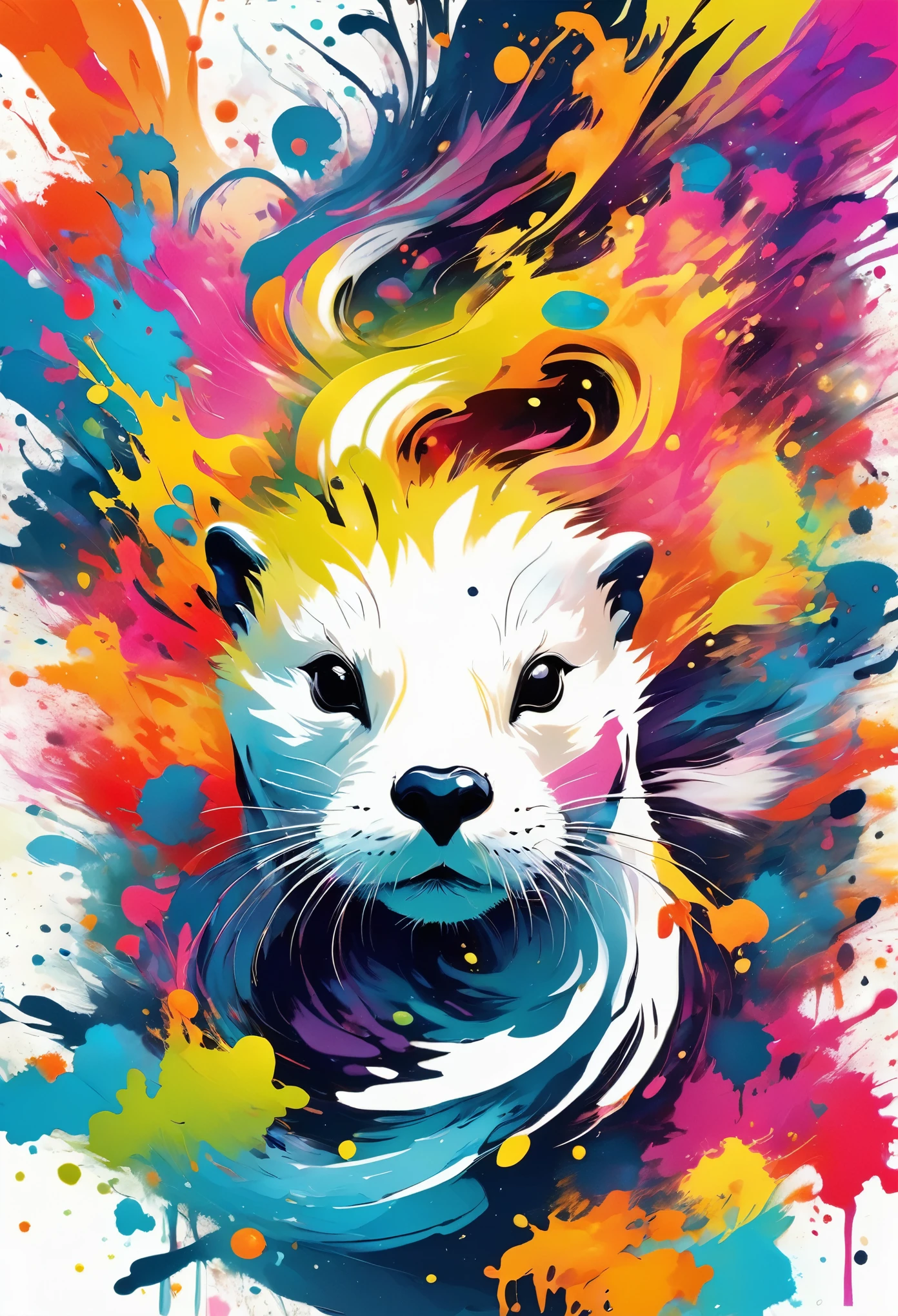 Vector Art, Colorful illustration with lots of otters, In the center, Vibrant colors，Graffiti Art，ink splatter，Wild and unrestrained，splash ink painting，Abstract Art，rich and colorful，vague dream，Dynamic Energy,publish creation，visual impact,modern aesthetics,Elegant and simple,Contemporary interpretation,Bold,White background，Lots of white space