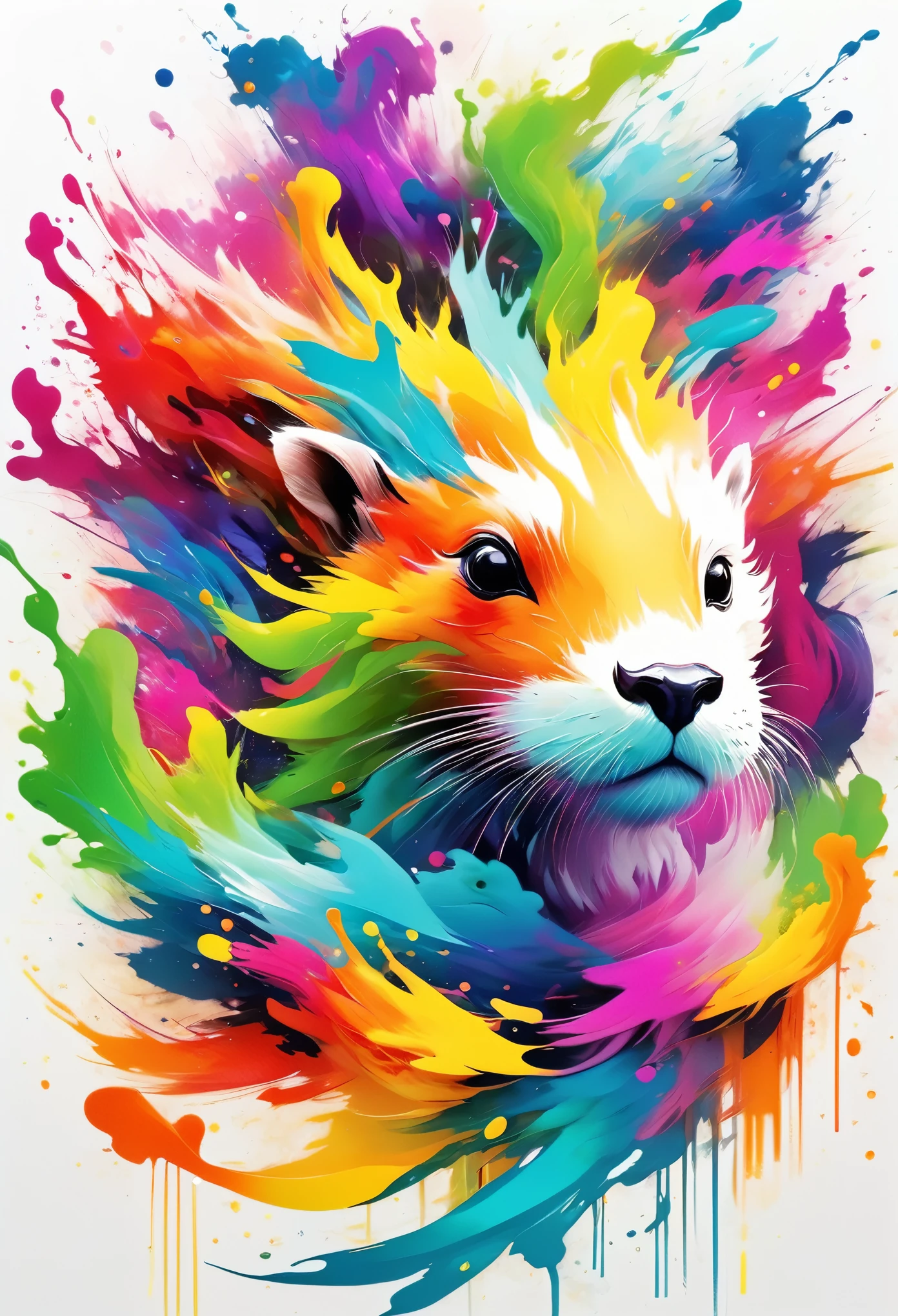 Vector Art, Colorful illustration with lots of otters, In the center, Vibrant colors,Graffiti Art,ink splatter,Wild and unrestrained,splash ink painting,Abstract Art,rich and colorful,vague dream,Dynamic Energy,publish creation,visual impact,modern aesthetics,Elegant and simple,Contemporary interpretation,Bold,White background,Lots of white space