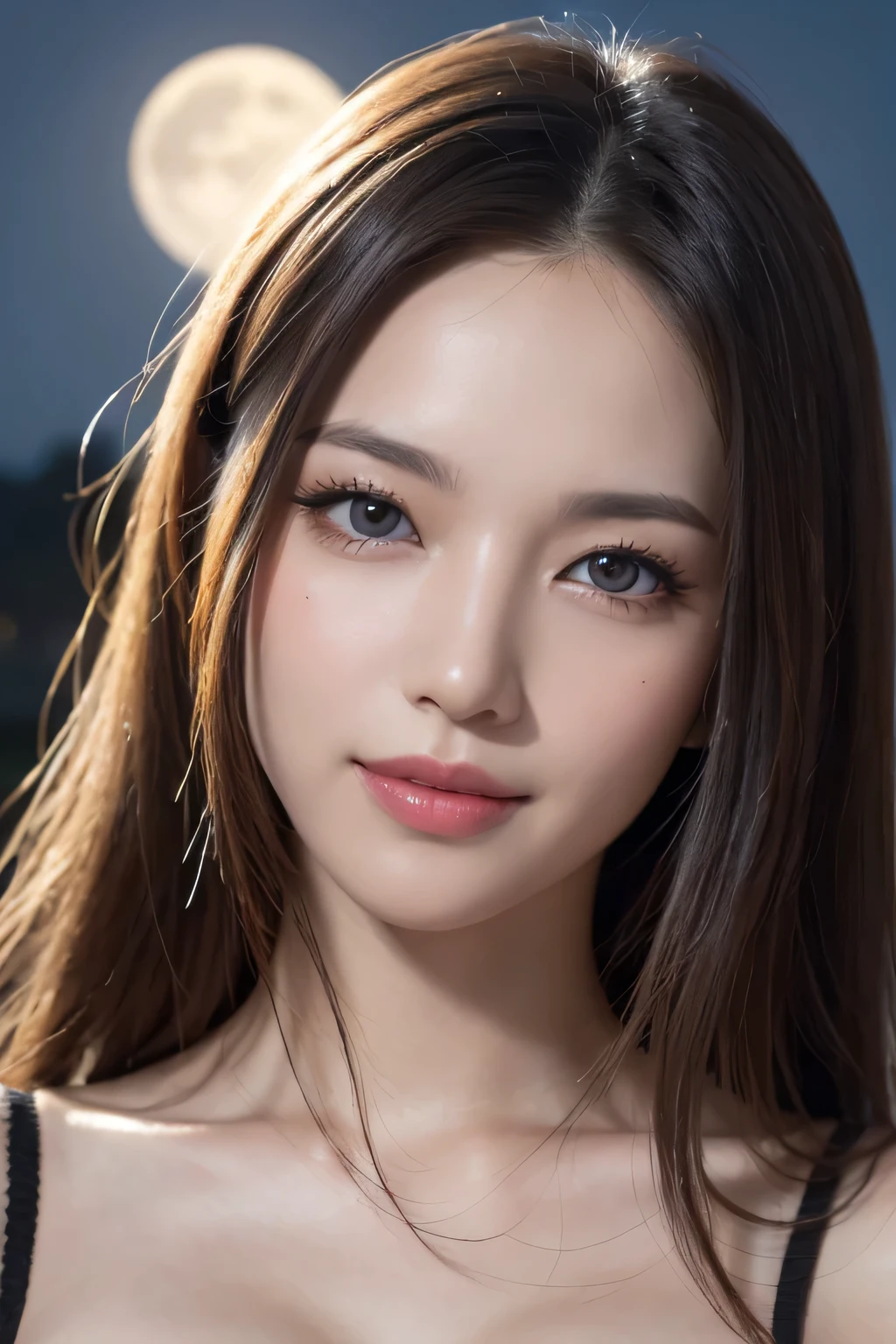 Body portrait, 8K, thin and beautiful eyes, Dindal effect, masterpiece, top quality, high quality, high resolution, very detailed photo, (natural skin texture, fine skin, hyper realism, super sharpness), high detail skin, (very fine, fine skin texture, intricate details, beautiful face, (realistic face), realistic eyes, beautifully detailed eyes, realistic skin, beautiful skin, surreal, very detailed Golden ratio, smiling eyes, ((night moonlight background) )), body portrait, G cup, big breasts, huge breasts, big breasts, glamorous, sexy knit dress,