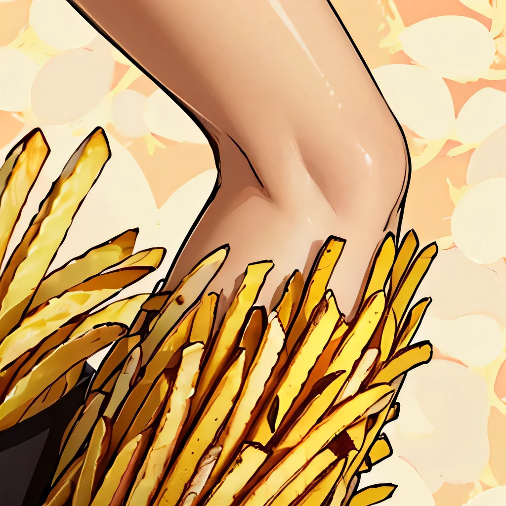 (an arm covered with lots of french fries), abstract, 2d, illustration, yellow-brown tone, distorted reality