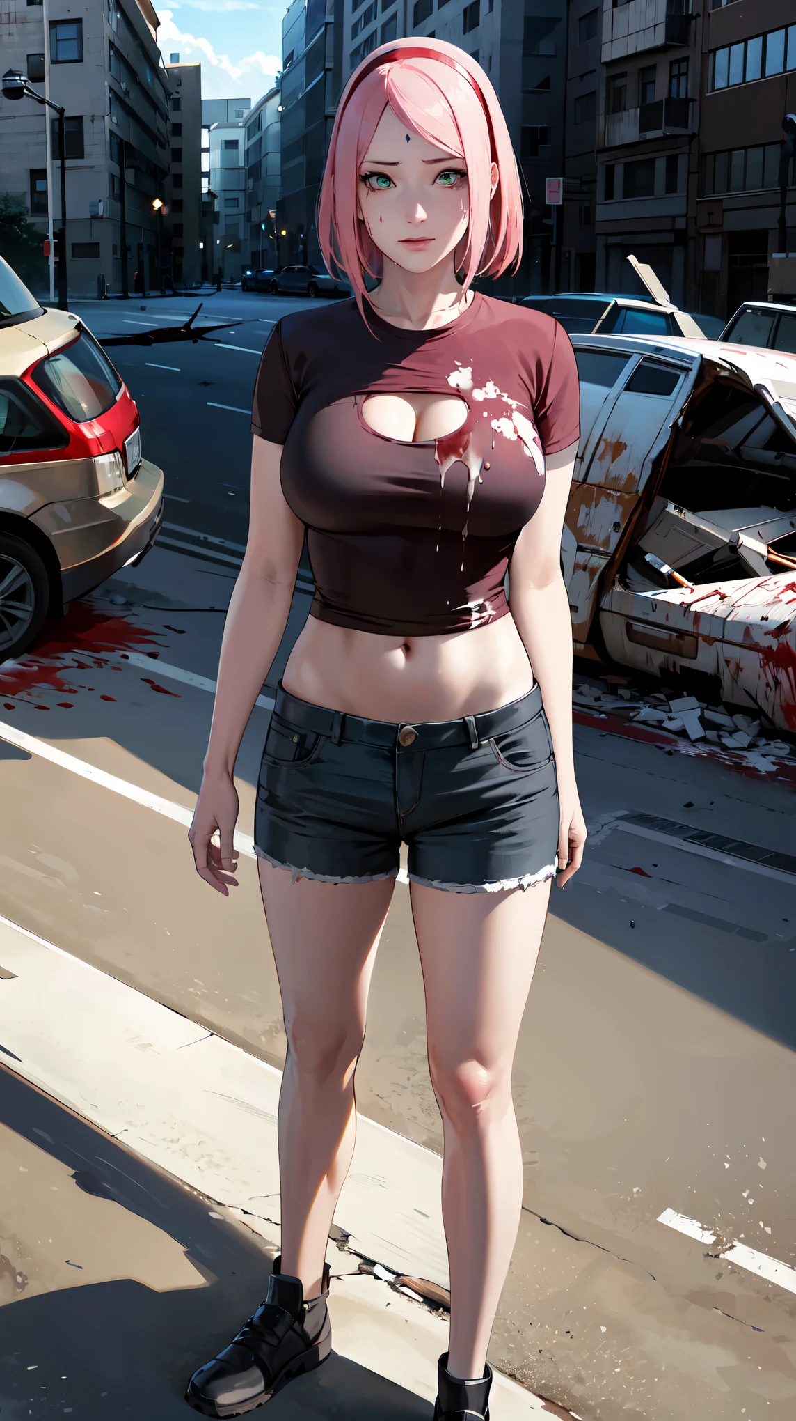 Masterpiece, stunning realistic, best quality, sharpness,1 girl,arns behind head,brutality,closeup,forehead mark,Zombie game,(Blood in the face:1),(ripped shirt:1),blood on the clothes,blood on the body,half body,broken clothes,(damaged clothes:1),(white damaged shirt:1.1),ripped cargo shorts,standing in a destroyed city,fight field,,sakura haruno,pink hair,green eyes,red hairband,middle large breasts,