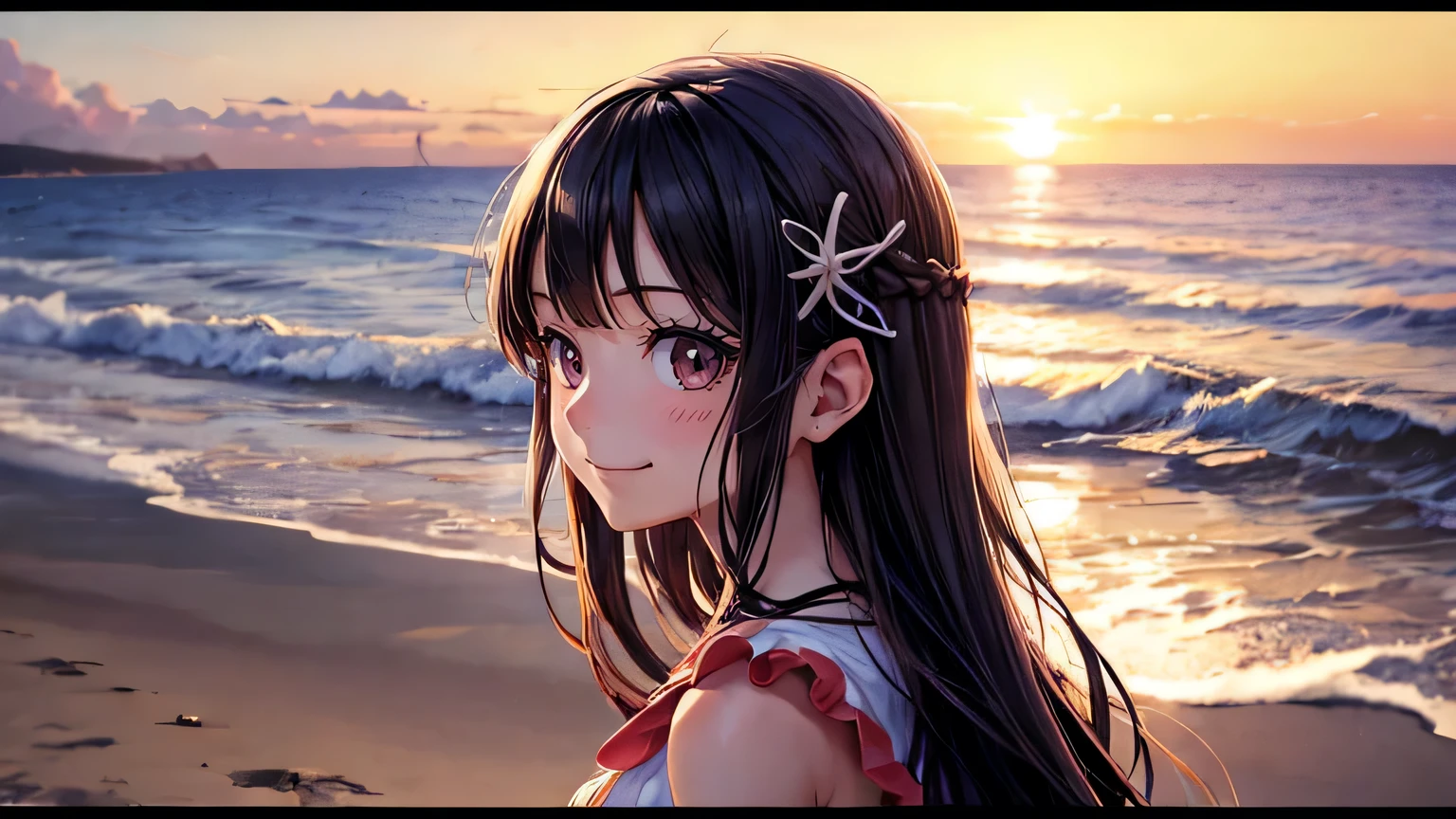 Seaside、coastal、Sunset、Girl、one piece、profile、smile、Detailed facial expression depiction、Detailed hair depiction、