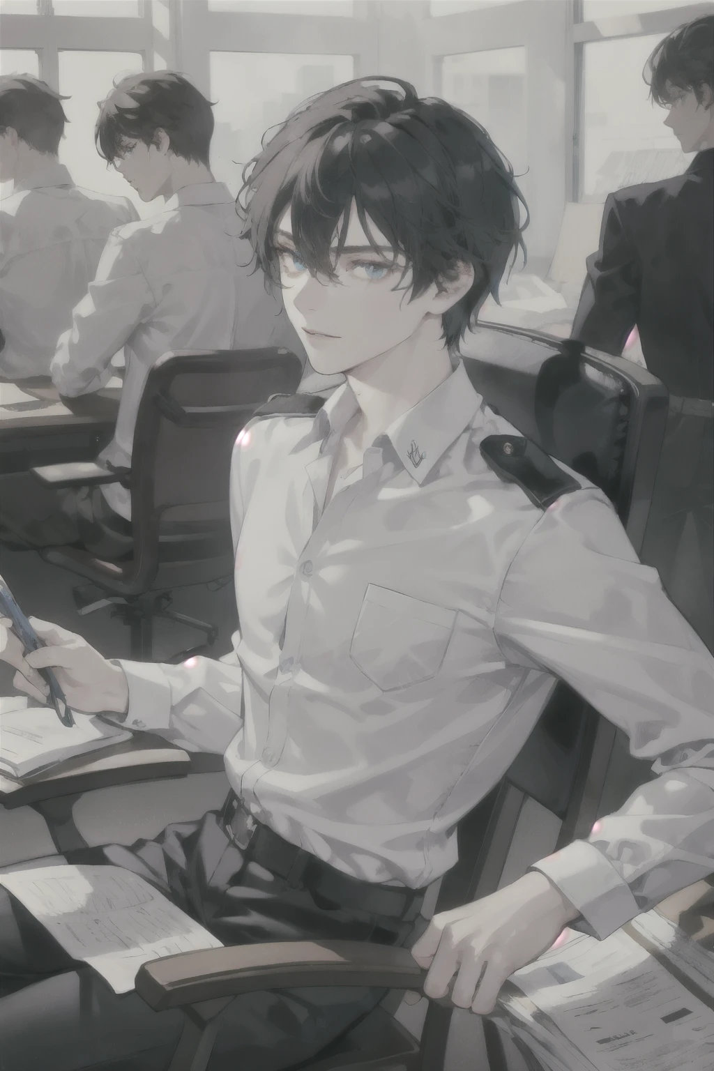masterpiece, best quality, ultra detailed, (solo man), (male focus), ((Oblong face)), ((Square jawline)), black hair, ((hairs between eyes)), ((shoulder length)), ((narrow blue eye)), fair skin, skinny body, beauty mark, {uniform, outfit, clothes}, dress shirt, (Giving an insincere smile:0.5), Organizing papers, sitting chair in Business room