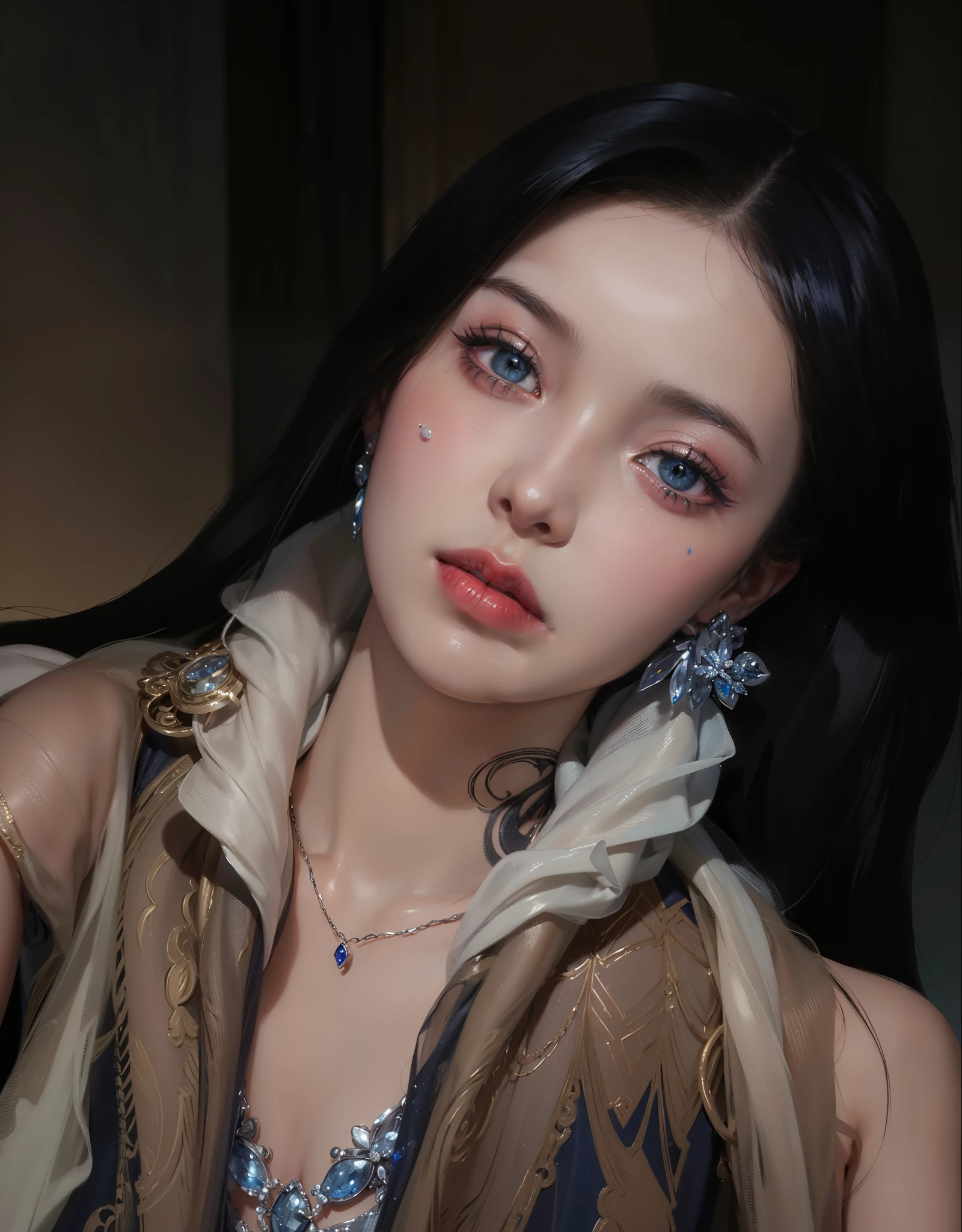Super detailed, Delicate face, Realistic style, Stock Photography Shadow , Colorful, Surreal, Realistic textures, Dramatic Lighting, Thin Film Distiller 800 (8k, original photo, better quality, masterpiece: 1.2), Super detailed, (Extremely delicate skin: 1.2), 8K Ultra HD, SLR camera, Soft Light, high quality,Frozen queen,ice castle,Blue pupils,Apply red lipstick,Tattoo goddess,With tattoo pattern,Ultra-clear portrait,Apply lipstick,Wearing necklace jewelry,Apply lipstick,Wear heavy makeup,The facial texture is very clear,Exquisite tattoos on the body,Deep blue eyes(Sapphire-like pupils),Wear a bikini,Eight-pack abs,There is a vest line,