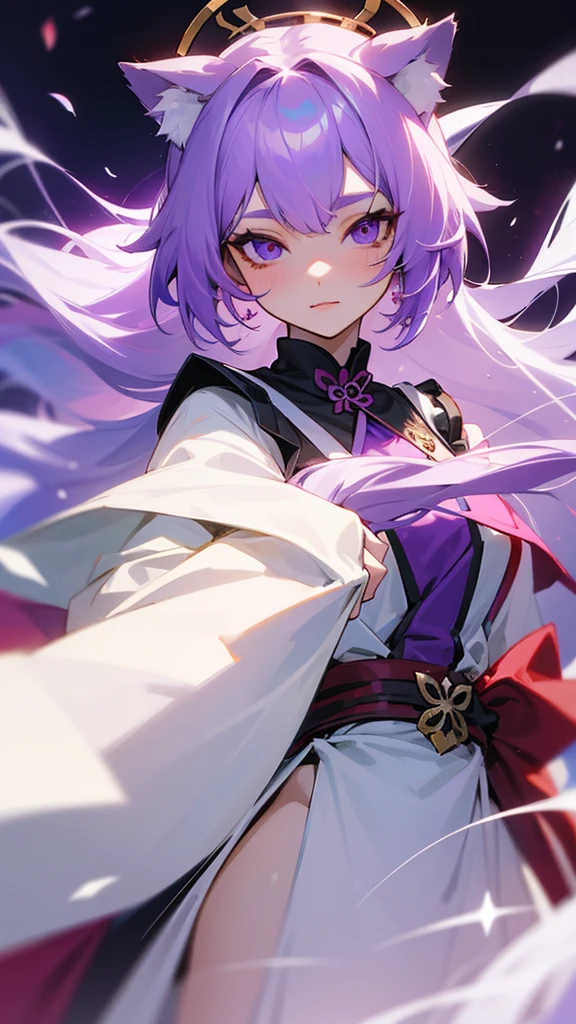 highest quality　Medieval face　woman　I have long hair　kind　Odd Eye　one person　White and purple hair　Miko costume　beautiful girl　Cat ear　Yandere　Details