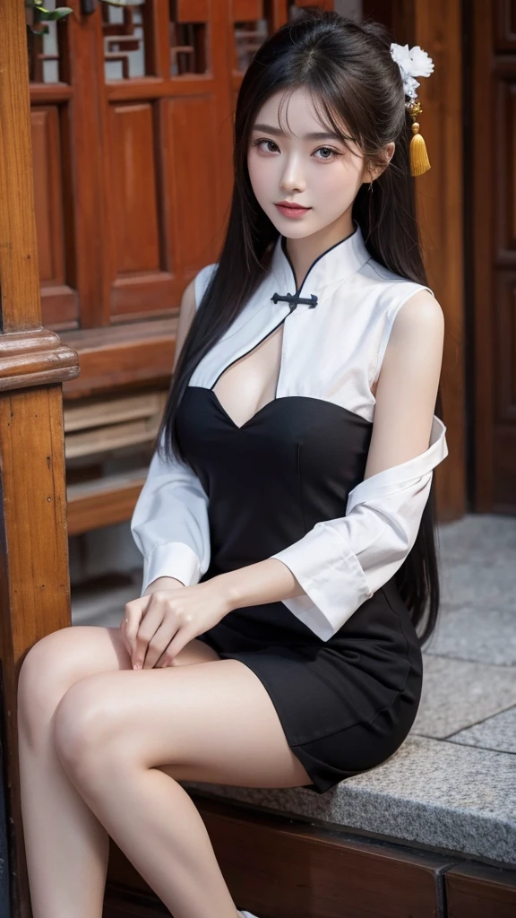 ulzzang-6500-v1.1, (raw photo:1.2),((photorealistic:1.4))best quality, masterpiece, cross legs, seductive, illustration, an extremely decision and beautiful, extremely detailed, CG, unity,8k wallpaper, bare legs, split skirt, cleavage display, flat belly display, Amazing, finely detail, masterpiece, best quality, official art, very detailed CG unified 8k wallpaper, ridiculous, incredibly ridiculous, huge file size, super detailed, high resolution, young, beautiful face, detailed face, white skin,very detailed, beautiful detailed girl, very detailed eyes, beautiful detailed eyes, light on face, movie lights, ((sexy hanfu)), 1girl, full body, full body photo, see-through, looking at the audience, ((gray hair)), realistic breasts,