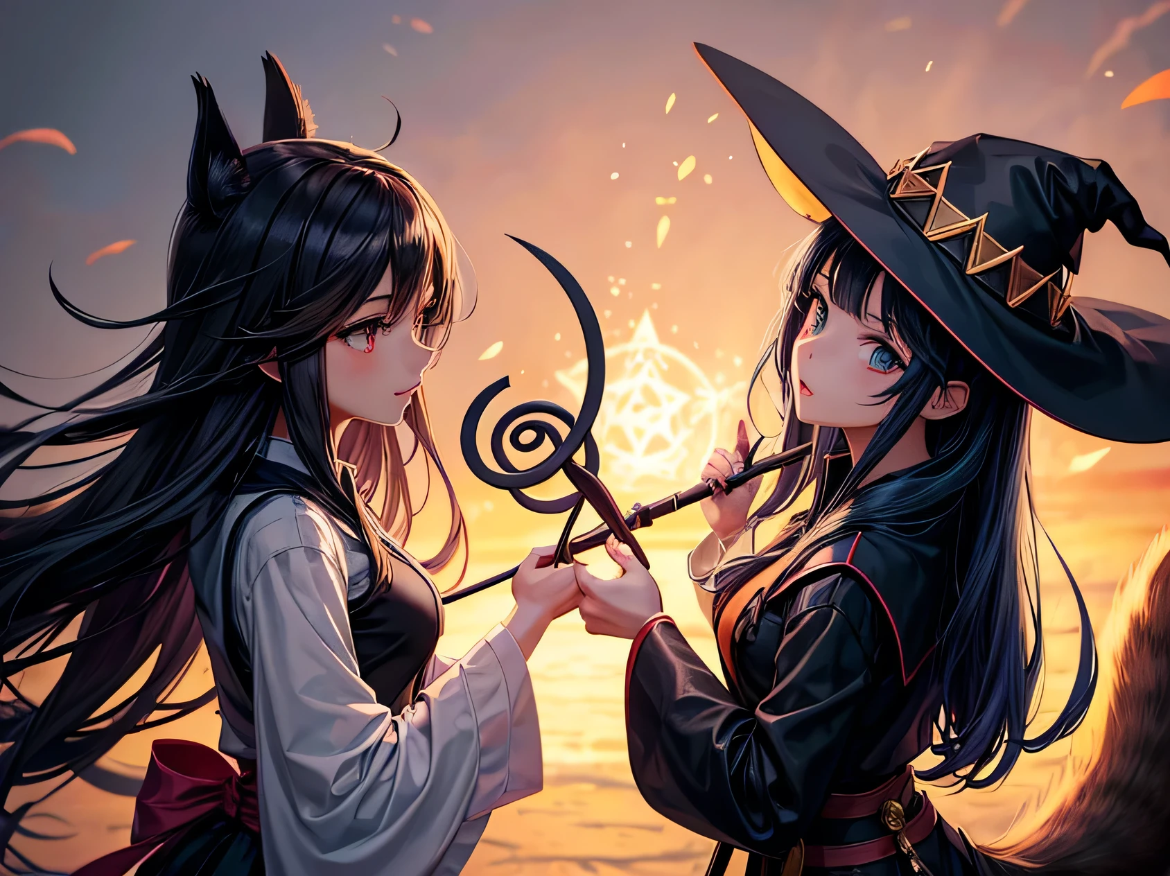 anime girl with a black hat and a black dress holding a wand, flirty anime witch casting magic, witch academia, with Squirrel tail, one tail, female mage conjuring a spell, black magician girl, black - haired mage, bright witch, a young female wizard, female mage!, female protagonist 👀 :8, witch girl, holding a magic staff, sky witch, casting a multi colored spell