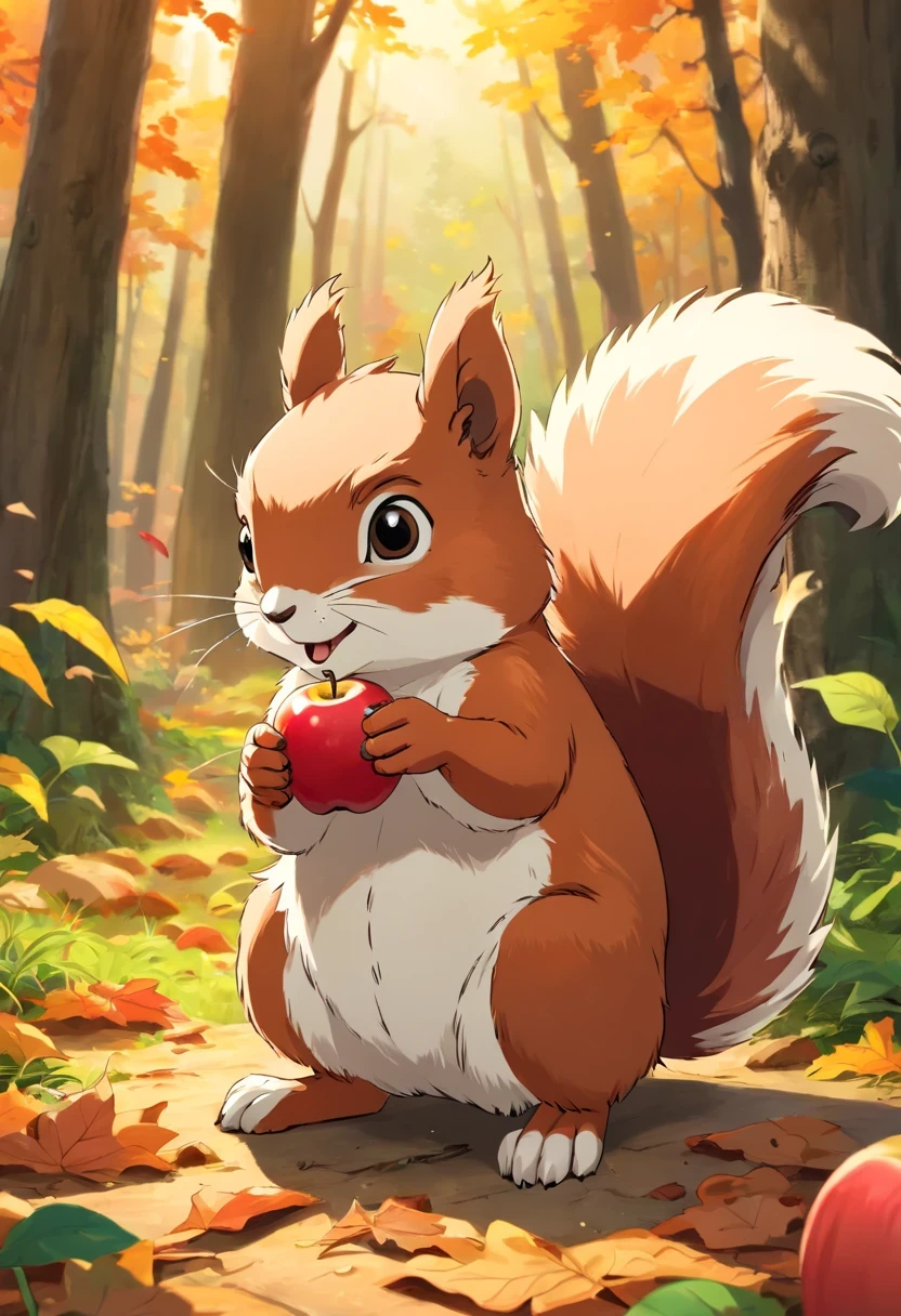 There is a cartoon picture of a squirrel eating an apple, background الغابة, 🍂 cute, background الخريف, background الغابات, Card frame, Without text, com.woodenhor, background(solid), Jungle theme, Jungle walk, على background واضحة, Three woodland creatures, Jungle mode, A wooden frame, Signboardboard, Using wooden ones, Signboard, background الغابة, background الغابات