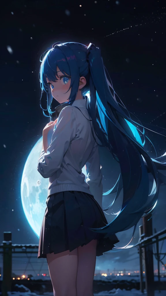 (masterpiece、highest quality)、1 girl ,Grim expression、hatsunemiku,Warm lighting、 Blurred foreground、night、High Contrast、Twin tails,blue gem eyes,Blue Hair,night,snowing,Heavy snowfall,winter,Alone in the vast snowy field,whole body,curse,Looking at me,Huge construction,moon,whole body,shine,bright,Sad expression,whole body,sad face,legs,Huge structures,universe,planet