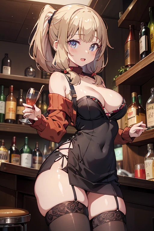 (from below:1.2),(from side:0.9), ((Face)), (Close-Up:0.4), masterpiece,"A 26-year-old girl stands at a bar counter. She is dressed in a stylish. small breast: 1.3 off-shoulder dress, sweater dress, off-shoulder sweater, red sweater,garter stocking, cleavage:1.1, midriff, black shorts, black thighhighs, thigh strap, pretty girl, (highly detailed beautiful face and eyes,firm breasts),real skin,((black,hair,long pony tail hair)),thin pubic hair,cute and lovely pose, detailed eyes, This masterpiece is only visually stunning but also tells,(double breasted:0.6,under bust:0.6),(with sparkling eyes and a contagious smile),open mouth, The bar is beautiful, with colorful bottles of alcohol in the background and a soft glow from neon lights. The atmosphere is relaxed, and the girl looks confident and fashionable.",full body, sexy pose,make a cocktail , in a bar counter, Looking at Viewer,
