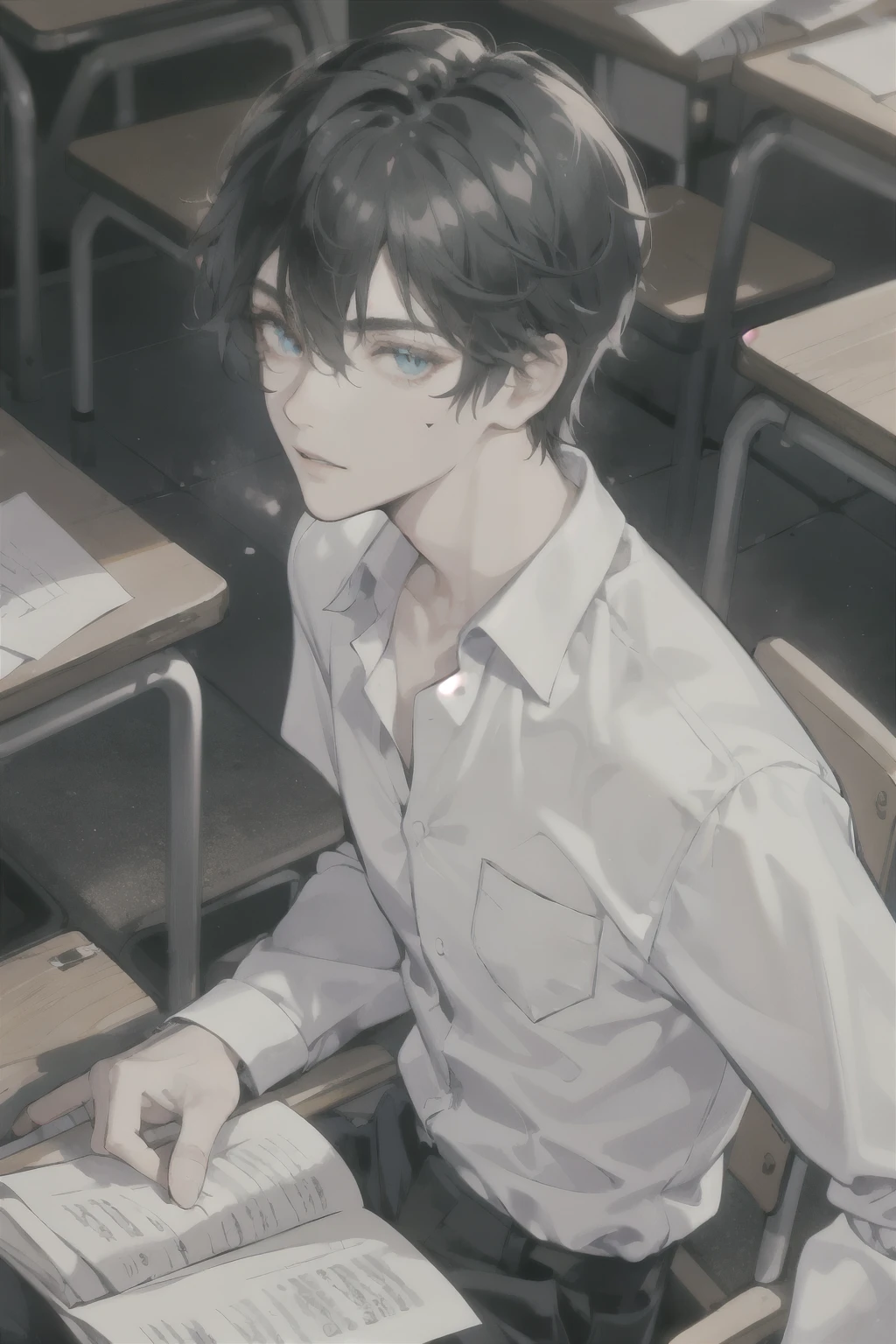 masterpiece, best quality, ultra detailed, (solo man), (male focus), ((Oblong face)), ((Square jawline)), black hair, ((hairs between eyes)), ((shoulder length)), ((narrow blue eye)), fair skin, skinny body, beauty mark, {uniform, outfit, clothes}, dress shirt, (Giving an insincere smile:0.5), Examination, Filling in paper, sitting chair in class room