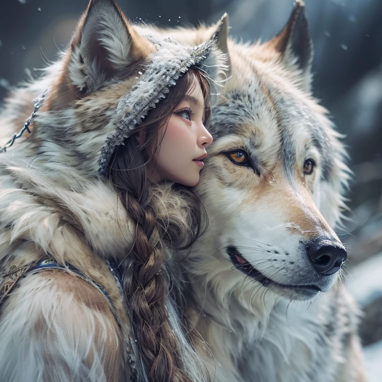 Hiding in the snowy mountains、Hair flow、 ((highest quality、masterpiece、8k、Best image quality、Ultra-high resolution、Award-winning works)、(Accurate ???????:1.1)、(Look at me and smile:1.1)、Shining fair skin with Ultra-high resolution、The most detailed face、Ultra-high resolution detailed face、Ultra-high resolutionの髪の毛、(Ultra-high resolutionの煌めく瞳:1.1)、Beautiful face drawn in every detail、(Blurred Background:1.1)、Ancient Inuit clothing, Chest to chest, tattoo, Old ruins in the background、Besides real wolves