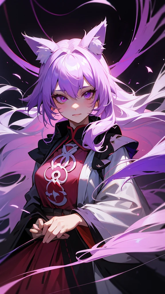 highest quality Medieval face woman I have long hair kind Odd Eye one person White and purple hair Miko costume beautiful girl Cat ear Yandere psychopath Details