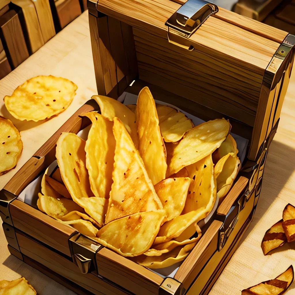 ((potato chips) and french fries and potato inside the (treasure chest)), abstract, 2d, illustration, yellow-brown tone,