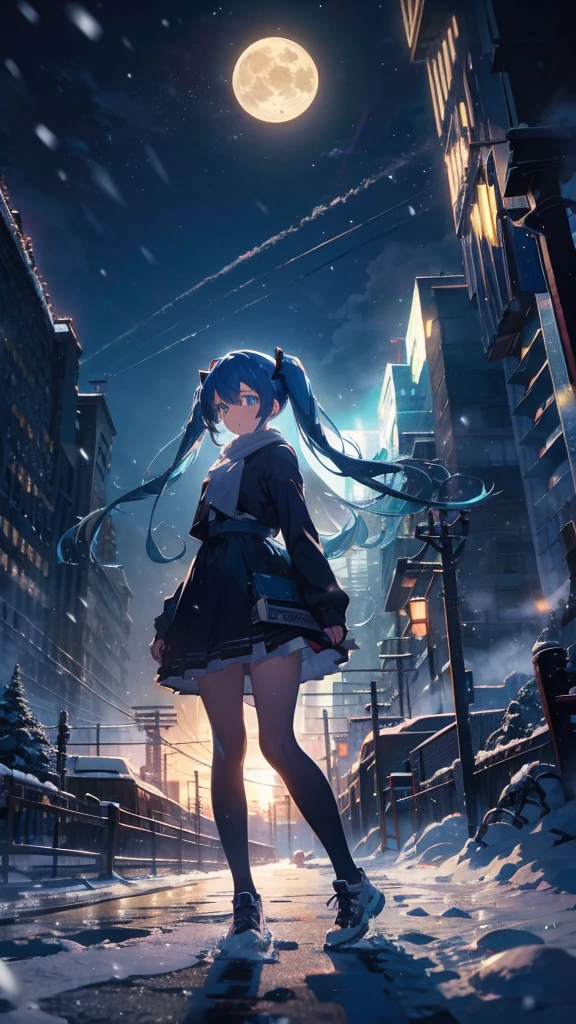 (masterpiece、highest quality)、1 girl ,Grim expression、hatsunemiku,Warm lighting、 Blurred foreground、night、High Contrast、Twin tails,blue gem eyes,Blue Hair,night,snowing,Heavy snowfall,winter,Alone in the vast snowy field,whole body,curse,Looking at me,Huge construction,moon,whole body,shine,bright,Sad expression,whole body,sad face,legs,Huge structures,universe,planet