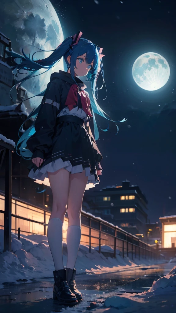 (masterpiece、highest quality)、1 girl ,Grim expression、hatsunemiku,Warm lighting、 Blurred foreground、night、High Contrast、Twin tails,blue gem eyes,Blue Hair,night,snowing,Heavy snowfall,winter,Alone in the vast snowy field,whole body,curse,Looking at me,Huge construction,moon,whole body,shine,bright,Sad expression,whole body,sad face,legs,Huge structures,universe,planet