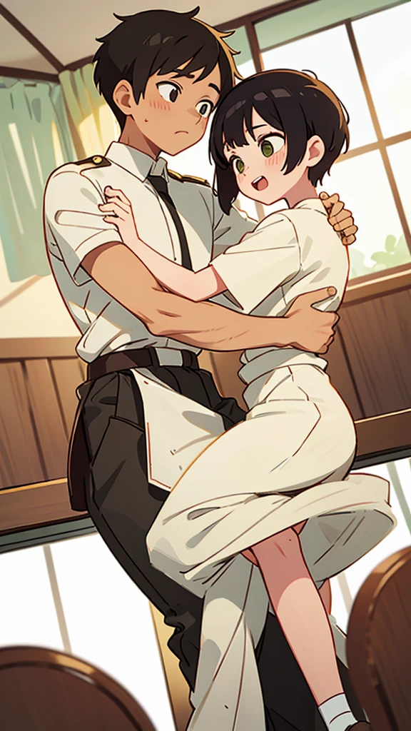Two youngmen dancing happily ,one is white short haircut and green eyes and soft looking and white skin tone,the other is taller and black hair and yellowish brown eyes ,smooth lines draw,without any sexy view