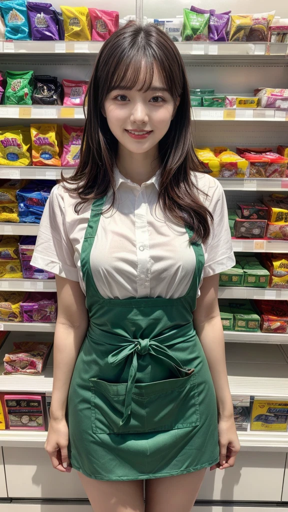 (highest quality、table top、8K、best image quality、Award-winning work)、a woman working at a convenience store、(The most natural and perfect green plain simple apron:1.2)、classy shirt、(big breasts:1.1)、(emphasize body line:1.1)、(standing elegantly:1.1)、beautiful woman portrait、The most natural and perfectly organized convenience store、Convenience store shelves in the background、Perfectly organized shelves、Regularly arranged natural product shelves、(very bright and vivid:1.2)、Strongly blurred background、look at me and smile、(accurate anatomy:1.1)、Super high resolution perfect beautiful teeth、Ultra high definition beauty face、ultra high definition hair、Super high-definition sparkling eyes、(Shining beautiful skin with ultra-high resolution:1.3)、(Shining beautiful skin:1.2)、Super high resolution glossy lips