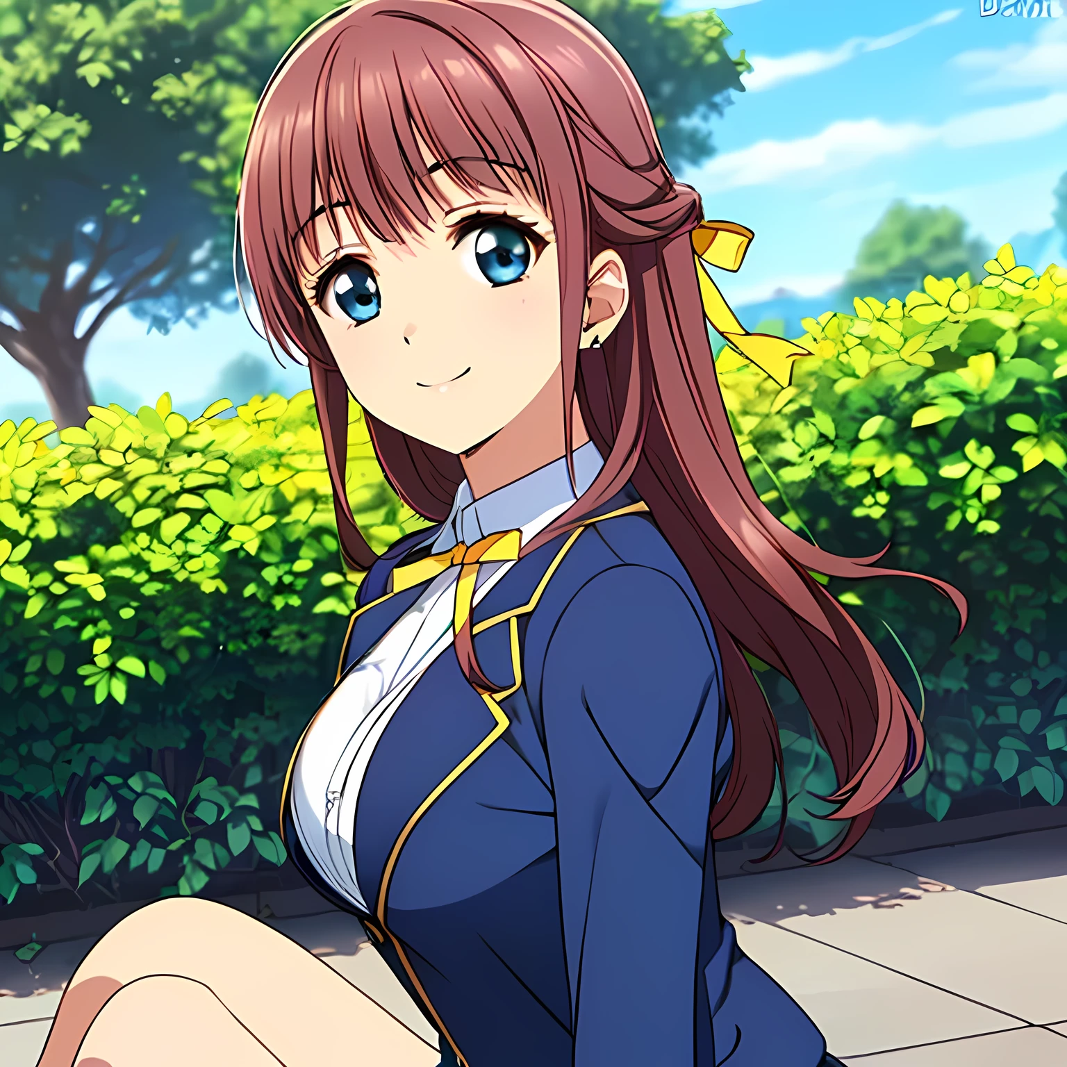 highest quality, (masterpiece:1.2), Very detailed, (((Game CG))), ((((Like the very noble aristocratic lady depicted by Renoir１Side portrait of a beautiful girl sitting)))), ((The girl everyone loves)), ((((Very beautiful, wavy, long flaxen hair)))), ((((Navy blue blazer)))), (((Dark navy blue checked skirt))), ((((Very beautiful and shining eyes)))), ((Very long eyelashes)), A big white ribbon on the chest, ((An elegant expression like a noble princess)), (((Beautiful and great smile))), Small face and great posture, ((Give the viewer a heavenly feeling of happiness)), (((Blur the background))), ((A very compassionate face)), ((Slender and shapely breasts)), (((Looking into the distance))), The background is a wall covered in deep green ivy.