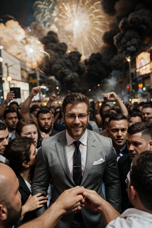 create shots of one strong 36 year-old cute strong and muscular white man with many muscles in suit wearing glasses walking with a smile in the center of the picture and around him many people fighting, explosions , smoke, and chaos