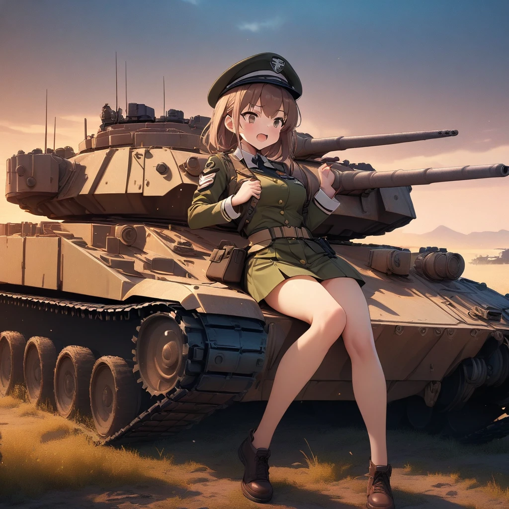 High quality, high definition images, full HD、8k.1 girl Short chestnut hair wearing US combat uniform 、Risha's Panzer Panzer corps America's tank turret From the commander's cupola The body is exposed.Something is being said over the wireless headset There is a brown rabbit on the turret.background field