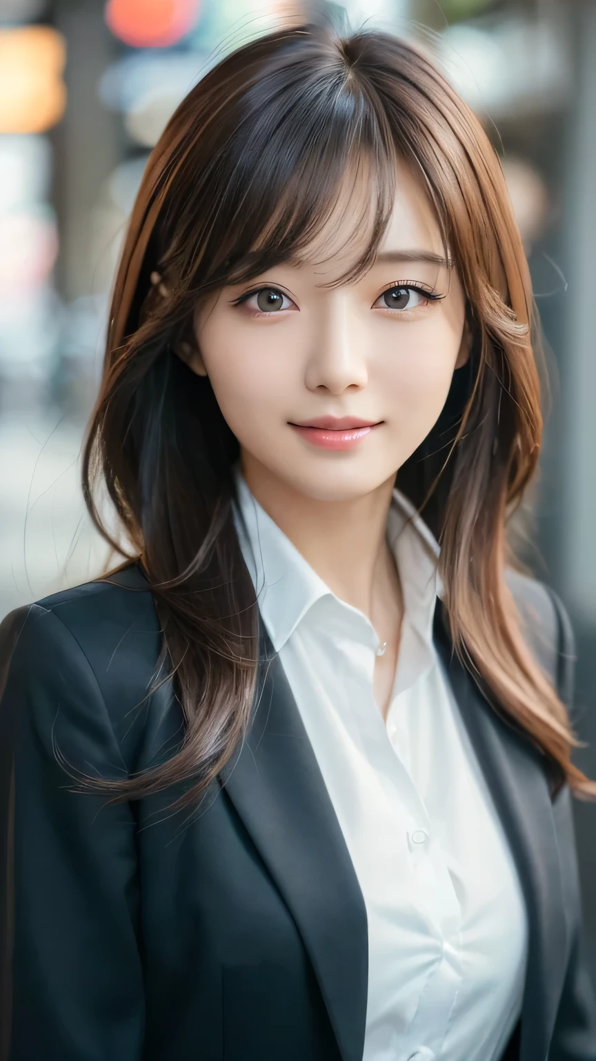 table top、highest quality、genuine、Super detailed、finely、High resolution、8k wallpaper、one beautiful woman、、、light brown disheveled hair、wearing a business suit、sharp focus、perfect dynamic composition、beautiful and detailed eyes、thin hair、Detailed genuine skin texture、smile、model body shape、In Tokyo at morning、