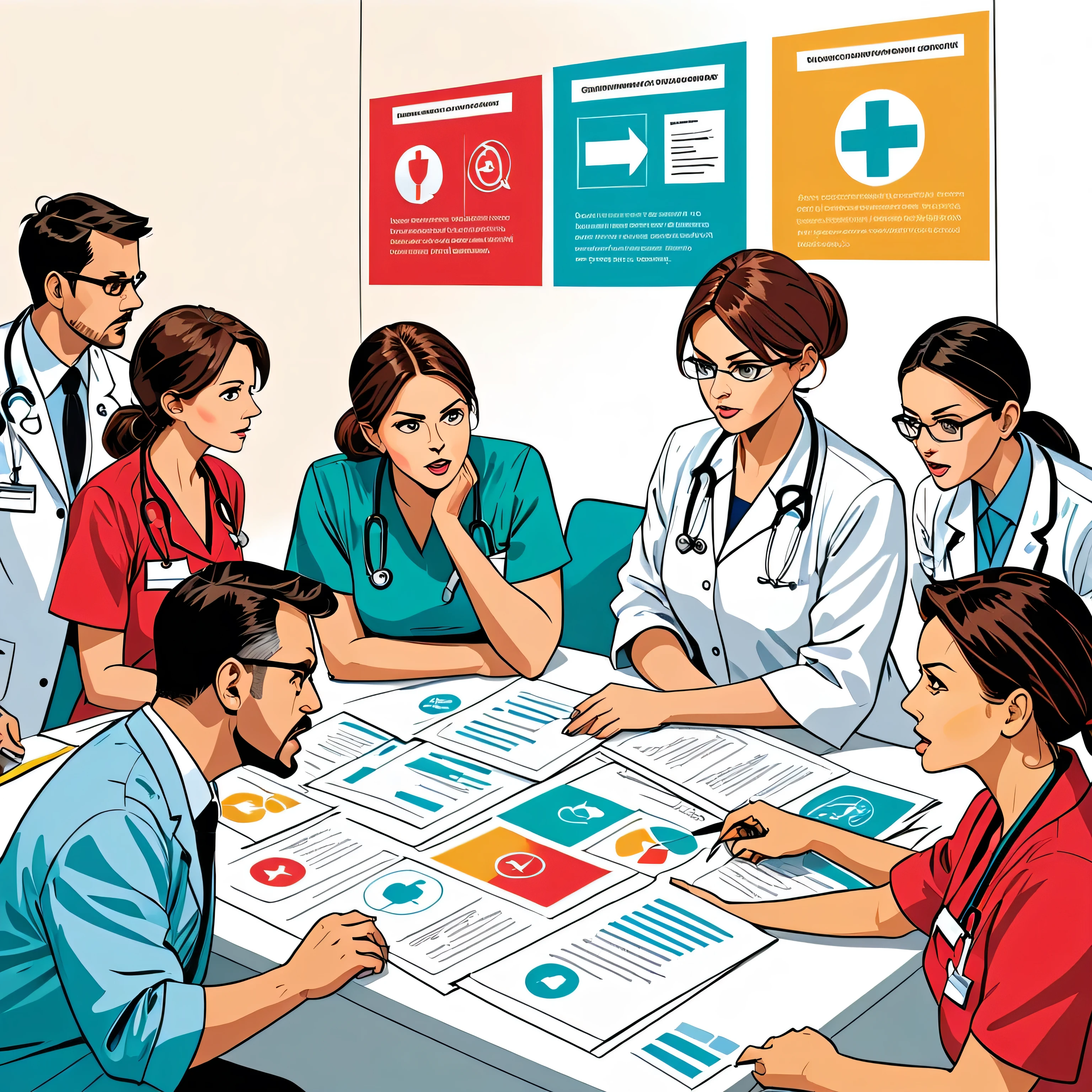 Draw a picture that depicts the dynamics of conflict in a health organization. This image should demonstrate important elements such as interactions between medical staff, communication, leadership, and conflict resolution. The image should include a visualization of the hospital situation with staff interacting, perhaps with elements showing tension or intense discussion. Also include communication symbols such as diagrams, conversations, or emails, as well as elements that demonstrate leadership such as a manager providing direction. This image should look professional and attractive, with bold colors to catch the reader's attention, and details that pique their curiosity to read more