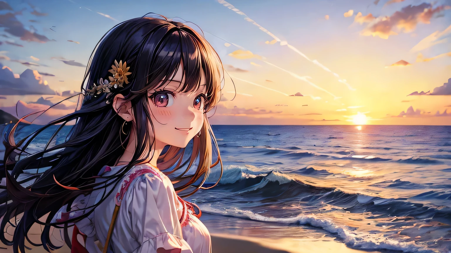 Seaside、coastal、Sunset、Girl、one piece、profile、smile、Detailed facial expression depiction、Detailed hair depiction、Detailed eye depiction、
