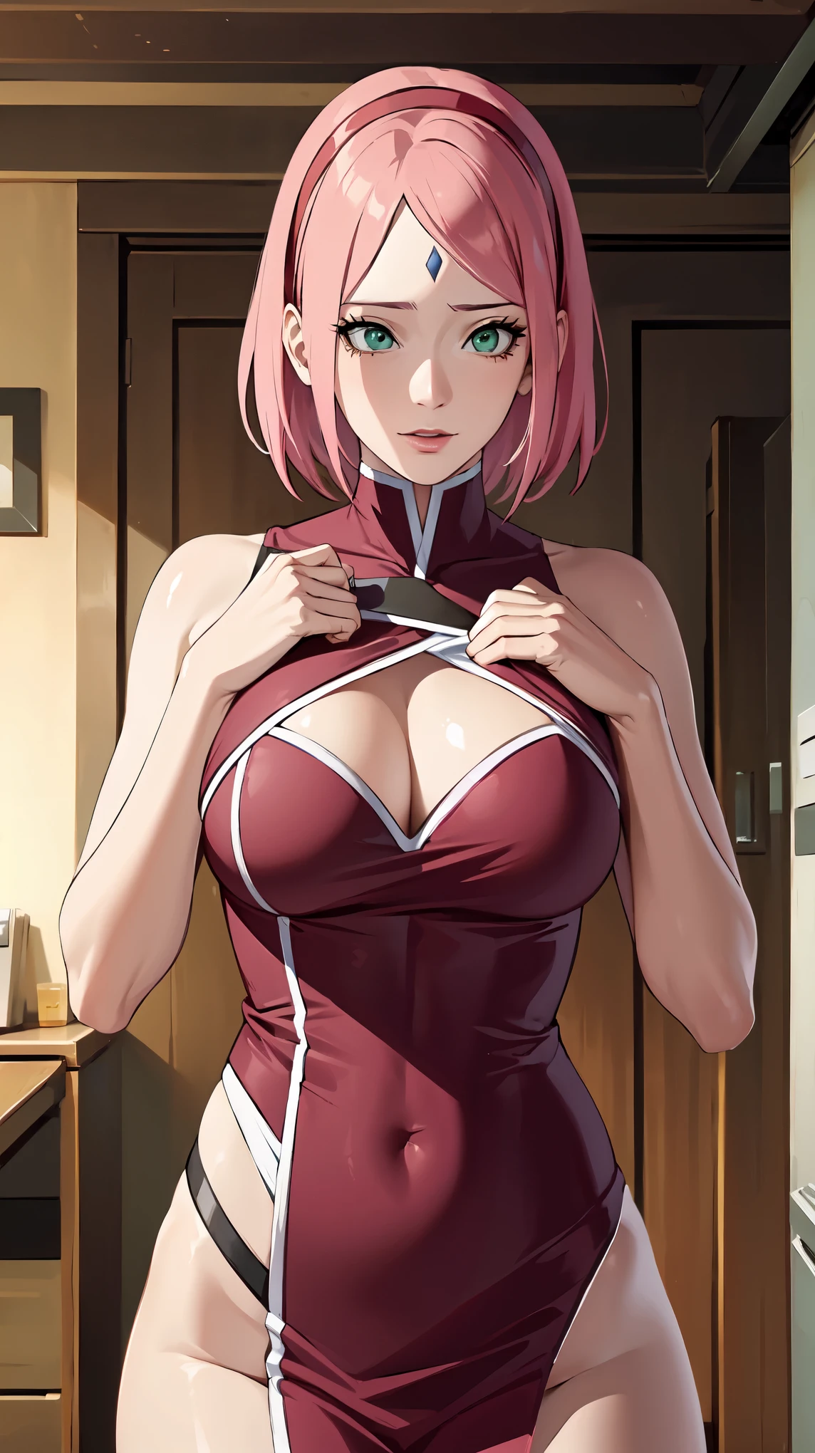 Masterpiece, stunning realistic, best quality, sharpness, 1 girl,sakura haruno,forehead mark,pink hair,green eyes,red hairband,middle large breasts,very large penis,1 boy,penis between breasts, Fellajob,Fellatio+Paizuri,POV