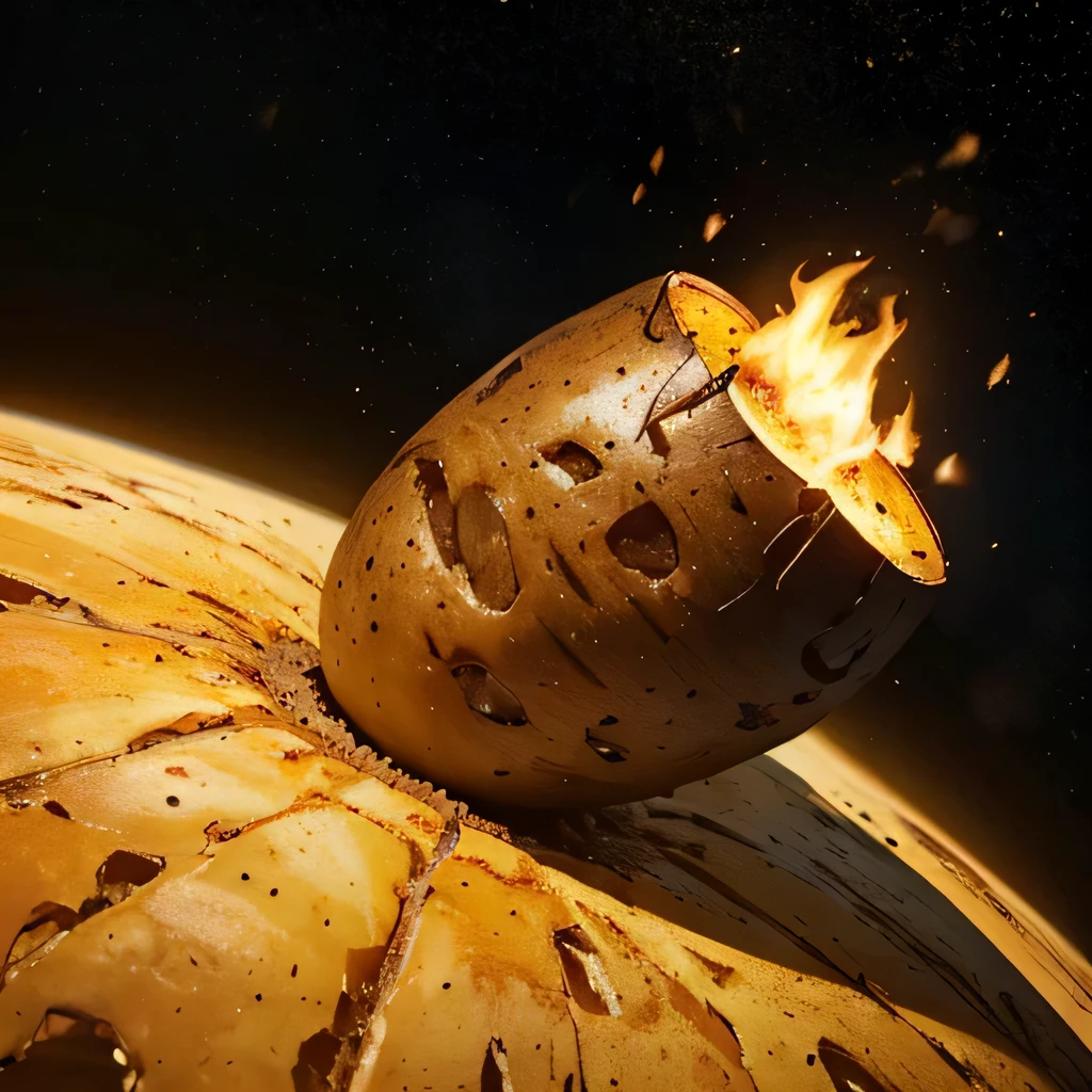 (a burned potato about to crash into the earth), abstract, 2d, illustration, yellow-brown tone,