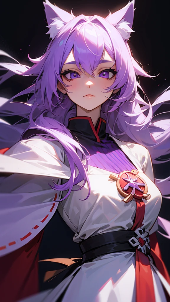highest quality Medieval face woman I have long hair kind Odd Eye one person White and purple hair Miko costume beautiful girl Cat ear Yandere psychopath