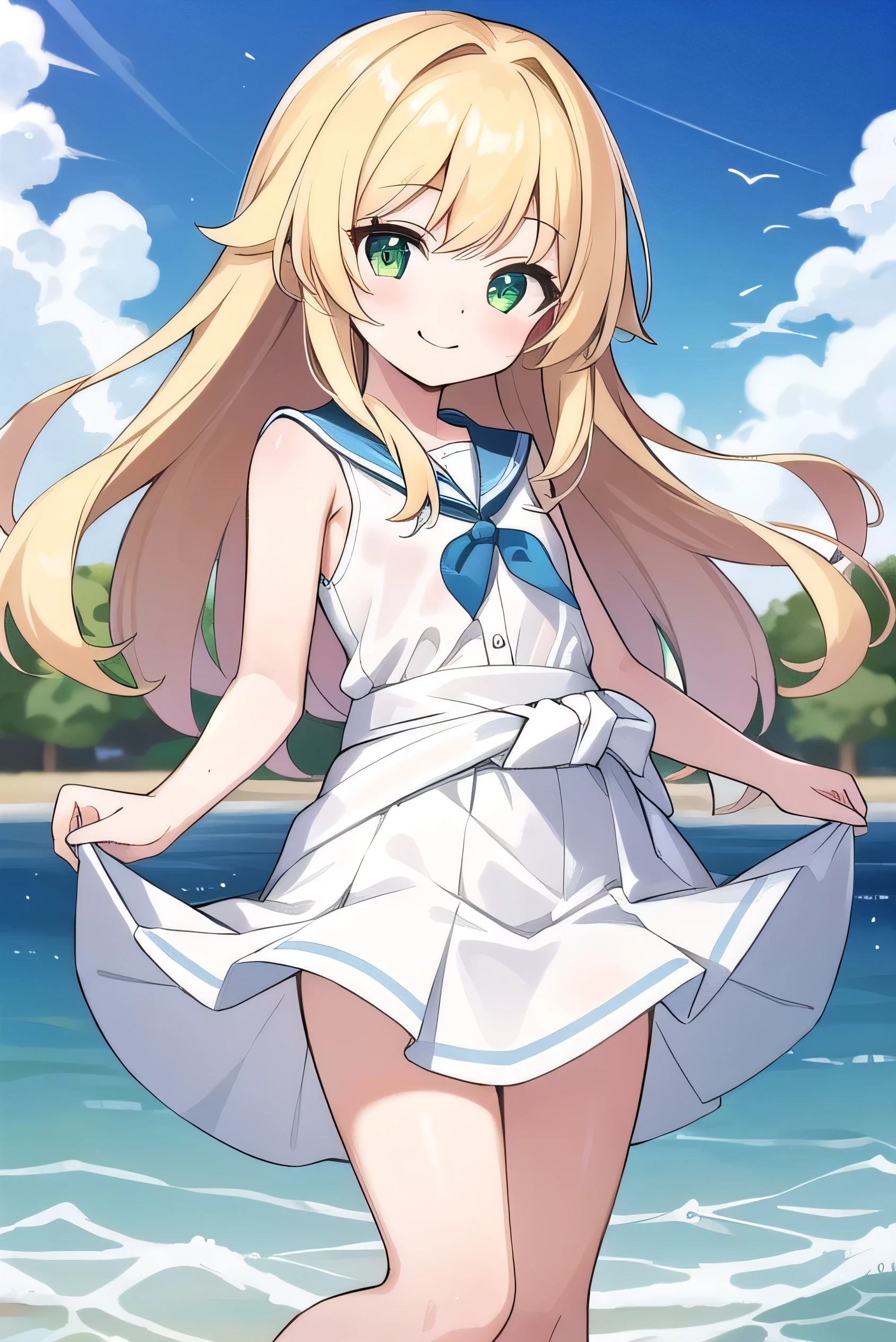 Blonde, elementary school student, green eyes, long hair to the waist, elementary school student, white clothes, white miniskirt, kind smile, park, short, 9 years old, 135cm tall, hair hanging outside, clear sea, waist-deep sea is in