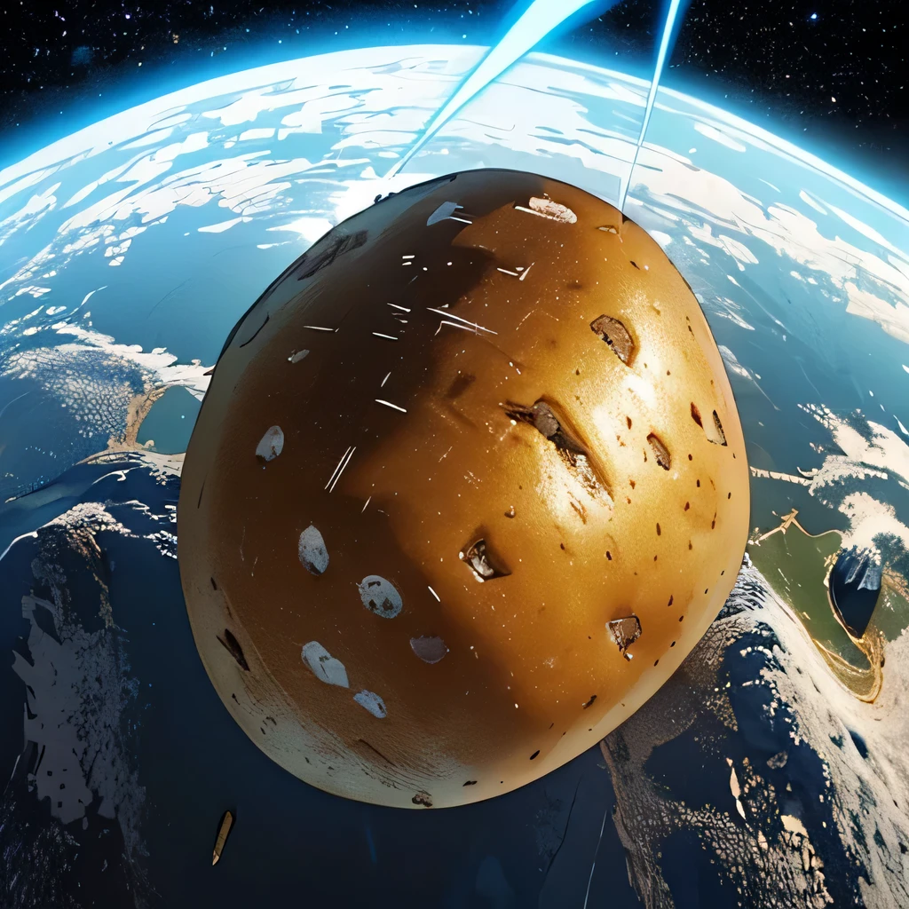 (The potato looks like a meteorite, preparing to hit the earth), abstract, 2d, illustration, university, burn, scary