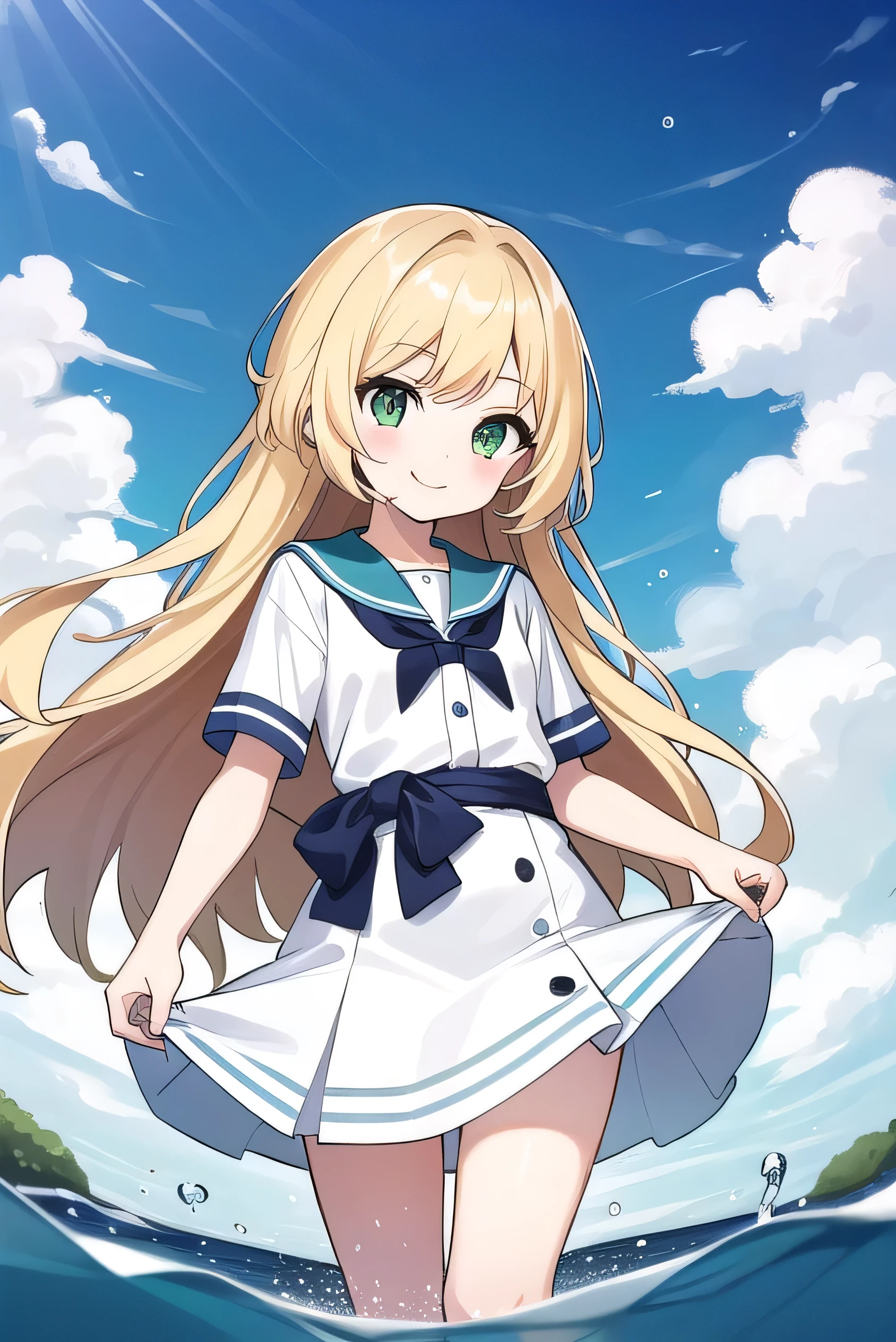 A nice white shirt that lets you see. 、Light blue flared skirt with ruffles、She lifts her skirt with both hands to show off her pretty white underwear.、Cute white underwear visible when you lift your skirt.、sandy beach, beautiful sea, night and starry sky small breasts