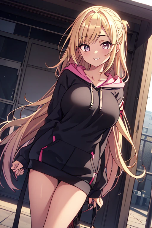 masterpiece, best quality, extremely detailed, (masterpiece: 1.2, best quality), (highly detailed), (a diagonal strap of white pochette between her breasts), sunlight, perfect lighting, evening, sunset,
break,
1 girl, 16 yo girl, hairpin, long legs, blonde hair, wave hair+ long hair, hair extensions, thick bluish eyeshadow, thin eyeliner, thick black eyeliner, dark eyes with eyeliner, false , (tanned skin: 1.2), (pink hoodie, school gym buruma),a diagonal strap of white pochette between her breasts,
break,
standing, smile, shushing, grin,
break,
Volumetric Lighting, Best Shadows, Shallow Depth of Field, (Highest Quality, Amazing Details: 1.25), Brilliant Colorful Breasts (Huge breasts: 1. 2,), dynamic angle,