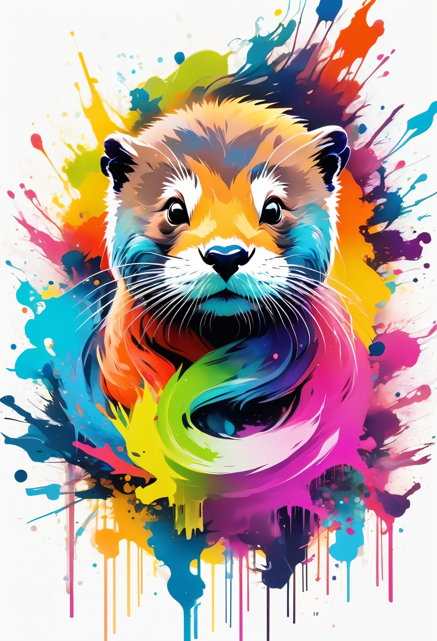 Vector Art, Color illustration with otter, In the center, Vibrant colors,Graffiti Art,ink splatter,Wild and unrestrained,splash ink painting,rich and colorful,visual impact,modern aesthetics,Elegant and simple,Contemporary interpretation,Bold,White background