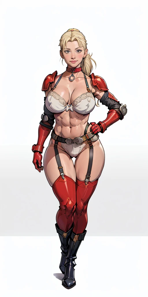 (Masterpiece, 4k, plain background:1.2) Female Cammy White Street Fighter red gloves gauntlets full body standing straight symmetrical feet together looking to the viewer RED full body armored, 2 crossing big belt under belly button, navel, abs, garter straps belts attaching bra big knockers, view from below, wide hips, thick thighs legs apart from below depth range, smile red cheeks, long messy hair ponytail, (handcuffs, shackles, rerebrace, faulds, poleyn, leather collar choker, high boots bootstraps, sleeves, stockings) ((hands on hips))
