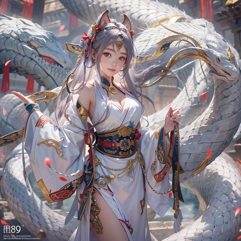 Hiding in an ancient shrine、Hair flow、 ((highest quality、masterpiece、8k、Best image quality、Ultra-high resolution、Award-winning works)、(Accurate anatomy:1.1)、(Look at me and smile:1.1)、Shining fair skin with Ultra-high resolution、The most detailed face、Ultra-high resolution detailed face、Ultra-high resolutionの髪の毛、(Ultra-high resolutionの煌めく瞳:1.1)、Beautiful face drawn in every detail、(Blurred Background:1.1)、Ancient maiden costume, Chest to chest, tattoo、With a huge white snake at his side