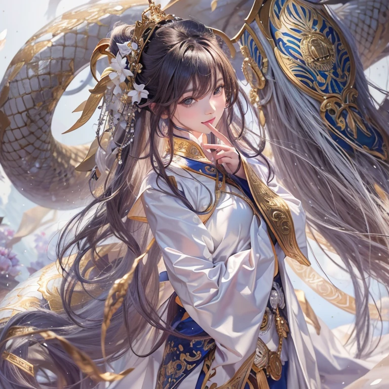 Hiding in an ancient shrine、Hair flow、 ((highest quality、masterpiece、8k、Best image quality、Ultra-high resolution、Award-winning works)、(Accurate anatomy:1.1)、(Look at me and smile:1.1)、Shining fair skin with Ultra-high resolution、The most detailed face、Ultra-high resolution detailed face、Ultra-high resolutionの髪の毛、(Ultra-high resolutionの煌めく瞳:1.1)、Beautiful face drawn in every detail、(Blurred Background:1.1)、Ancient maiden costume, Chest to chest, tattoo、With a huge white snake at his side
