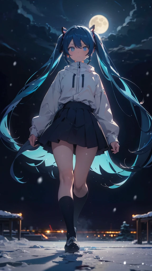 (masterpiece、highest quality)、1 girl ,Grim expression、hatsunemiku,Warm lighting、 Blurred foreground、night、High Contrast、Twin tails,blue gem eyes,Blue Hair,night,snowing,Heavy snowfall,winter,Alone in the vast snowy field,whole body,curse,Looking at me,Huge construction,moon,whole body,shine,bright,Sad expression,whole body,sad face,legs,Huge structures,universe,planet