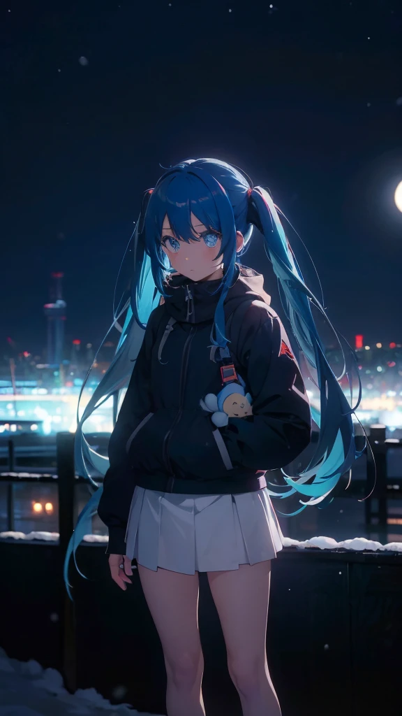 (masterpiece、highest quality)、1 girl ,Grim expression、hatsunemiku,Warm lighting、 Blurred foreground、night、High Contrast、Twin tails,blue gem eyes,Blue Hair,night,snowing,Heavy snowfall,winter,Alone in the vast snowy field,whole body,curse,Looking at me,Huge construction,moon,whole body,shine,bright,Sad expression,whole body,sad face,legs,Huge structures,universe,planet