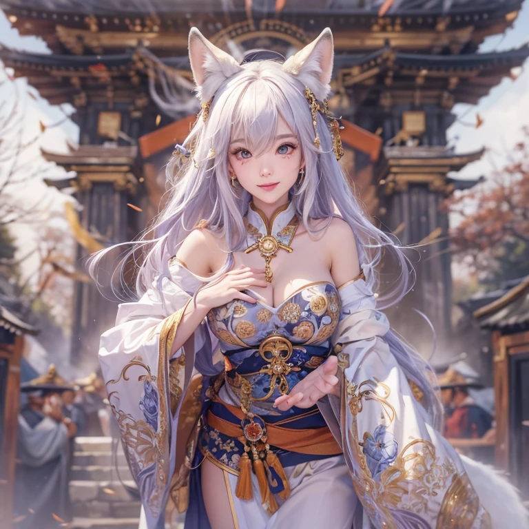 Kitsune girl,hime cut,silver eyes,gold darkblue and red tones japanese cloth, geisha dress theme sun&moon , traditional japanese , long white hair,silver fox ears, have kitsune tail, beautiful woman, silver eyes, elegant, young adult beautiful,night , starry night,sexy eyes,flirting,smile, erotic,nude, royal charm