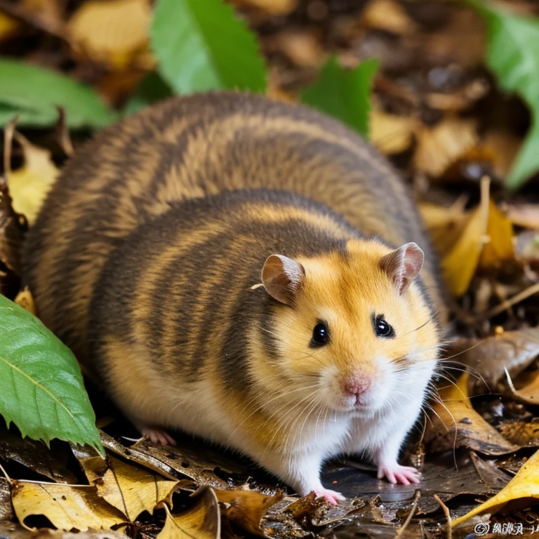 Chinese hamster sleeping on a bed of leaves。