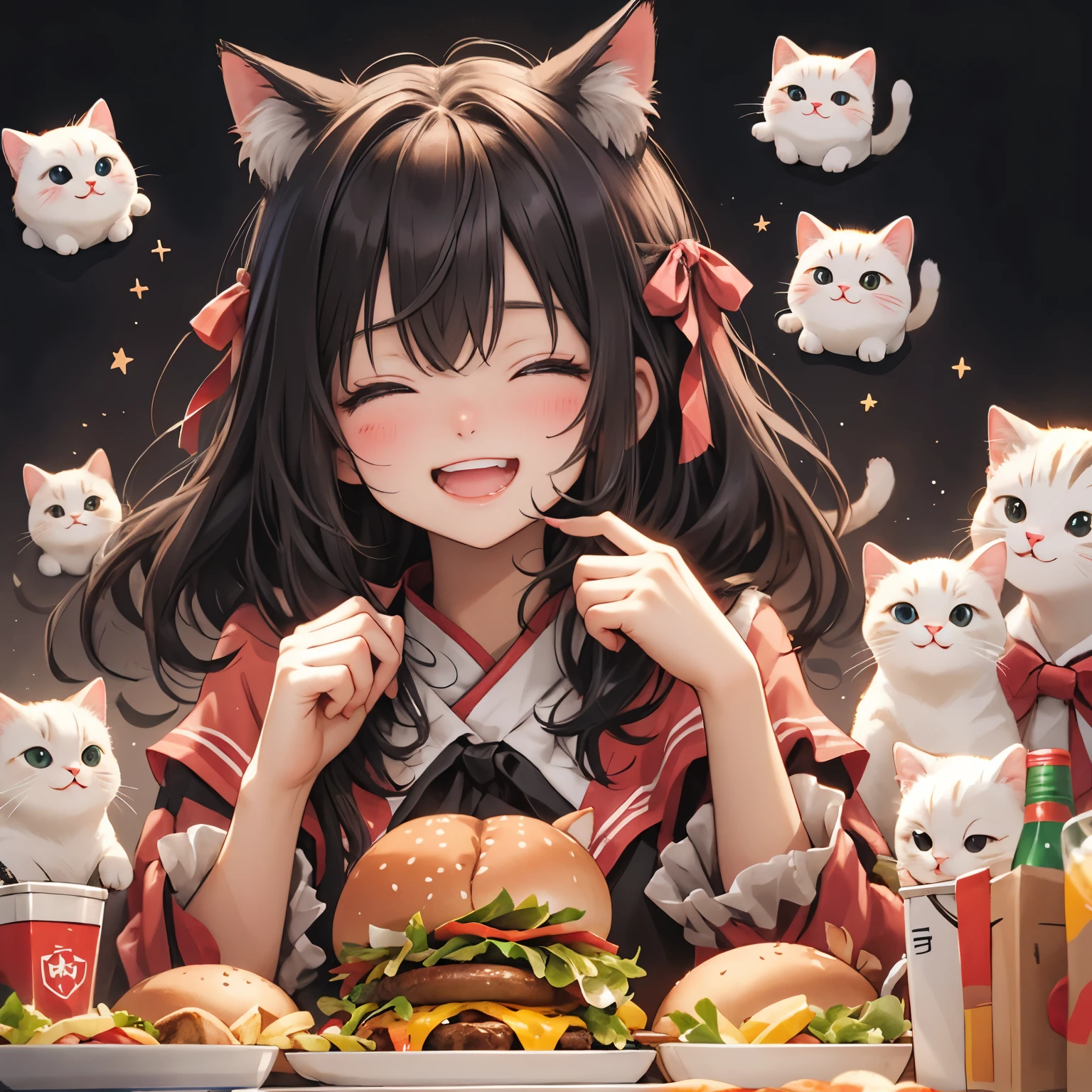 Cat with ribbon、Mac、hamburger、potato、Laughing happily