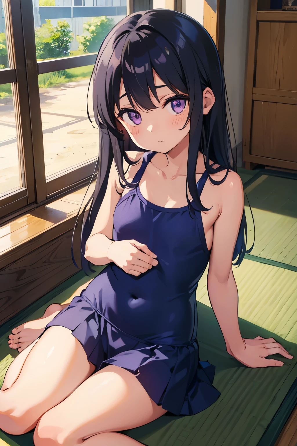 Country house, elementary school girl, , flat chest, black hair, long hair, purple eyes (one person) Navy blue old school swimsuit, barefoot, six-tatami room, sitting on a cushion, dynamic angle