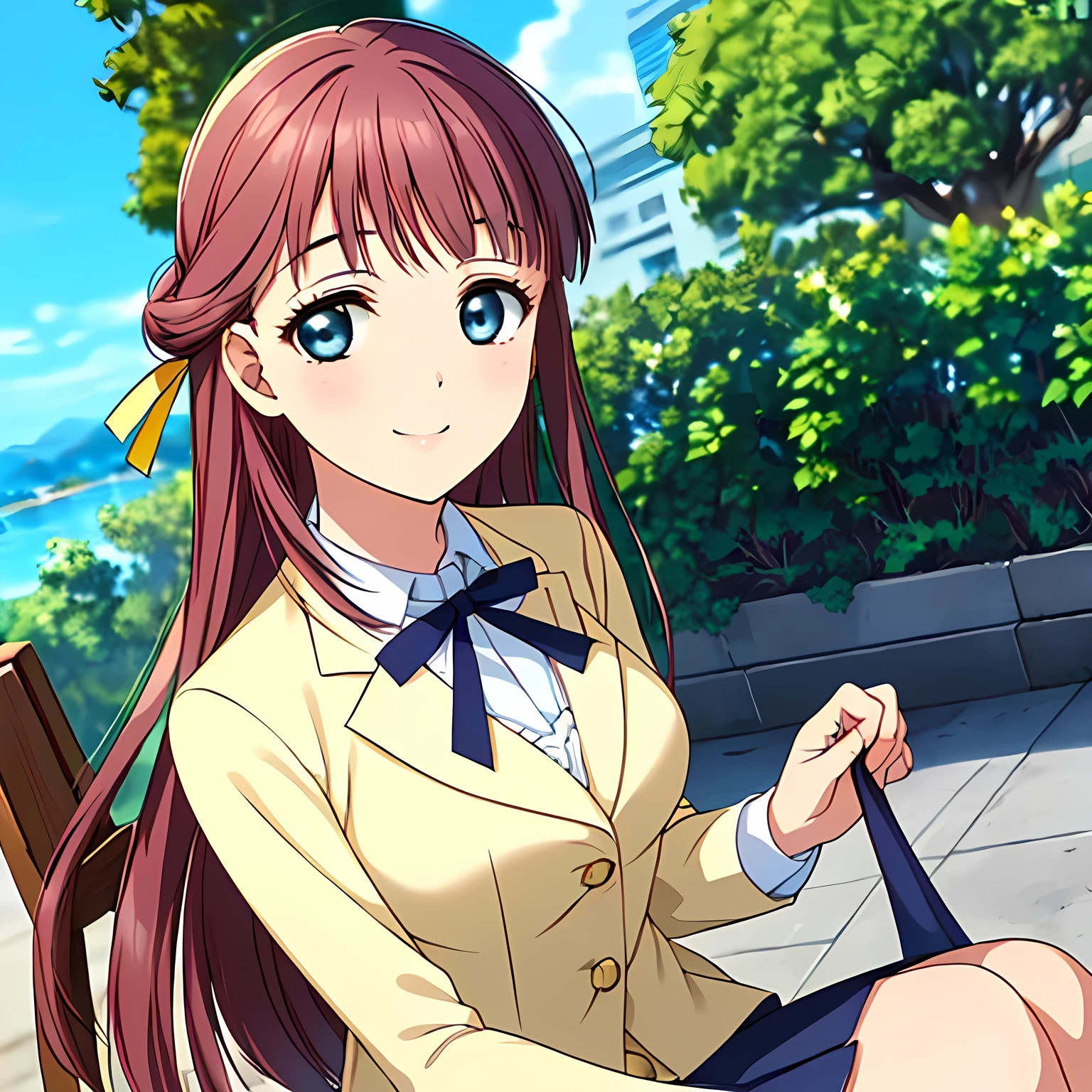 highest quality, (masterpiece:1.2), Very detailed, (((Game CG))), ((((Like the very noble aristocratic lady depicted by Renoir1Side portrait of a beautiful girl sitting)))), ((The girl everyone loves)), ((((Very beautiful, wavy, long flaxen hair)))), ((((Navy blue blazer)))), (((Dark navy blue checked skirt))), ((((Very beautiful and shining eyes)))), ((Very long eyelashes)), A big white ribbon on the chest, ((An elegant expression like a noble princess)), (((Beautiful and great smile))), Small face and great posture, ((Give the viewer a heavenly feeling of happiness)), (((Blur the background))), ((Very noble and elegant face)), ((Slender and shapely breasts)), (((Looking into the distance))), The background is a wall covered in deep green ivy.